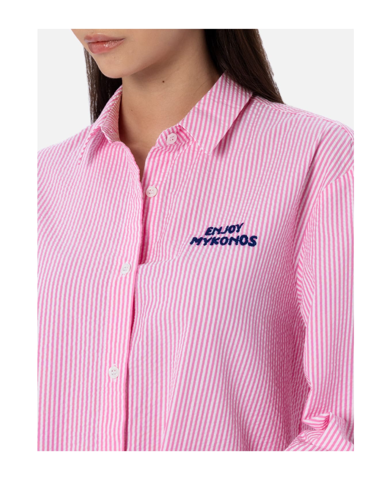 MC2 Saint Barth Woman Striped Seeruscker Cotton Over Shirt Brigitte With Front And Back Mykonos Embroidery - PINK