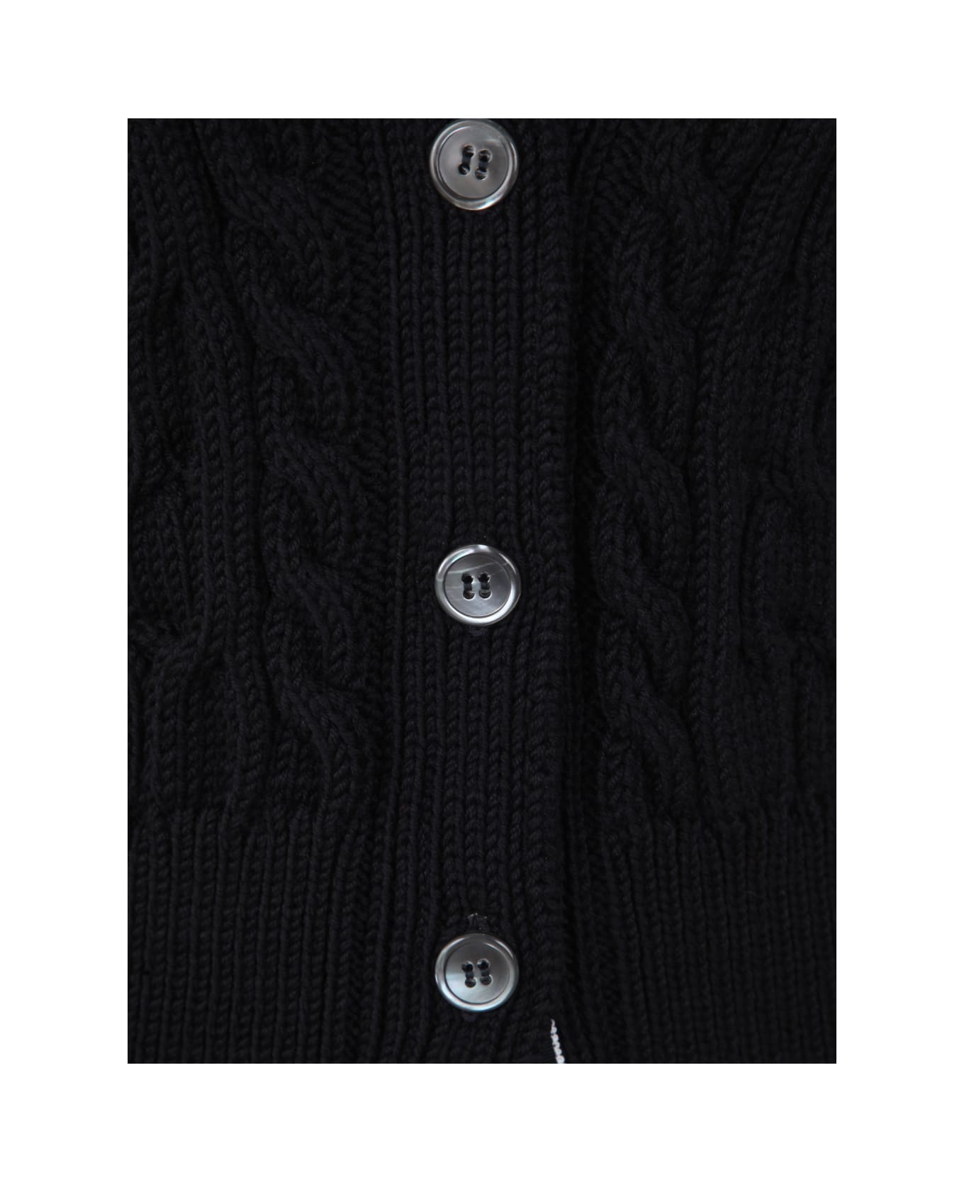 Thom Browne Crisscross Cable Stitch 3/4 Sleeve V Neck Cardigan In Merino Wool With Rolled Cuffs And Rwb Tabs - Navy