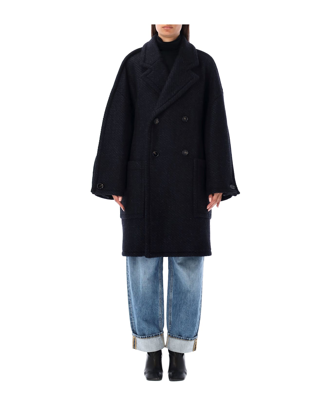 Bottega Veneta Bicolor Diagonal Wool Coat - Black Navy