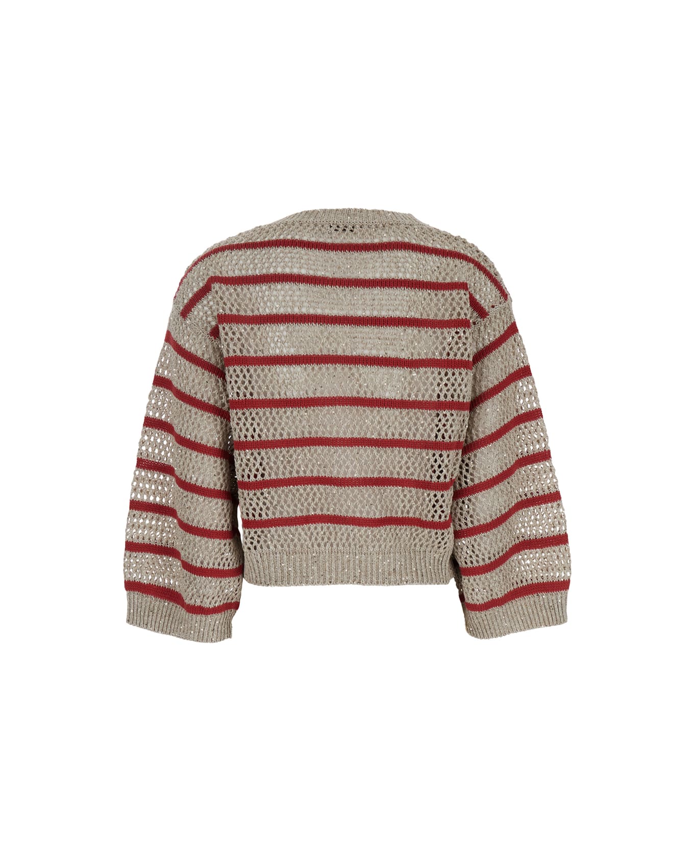'dazzling Striped' Beige Sweater With Stripe Motid And Openwork Design In Linen Woman - Thumbnail 3