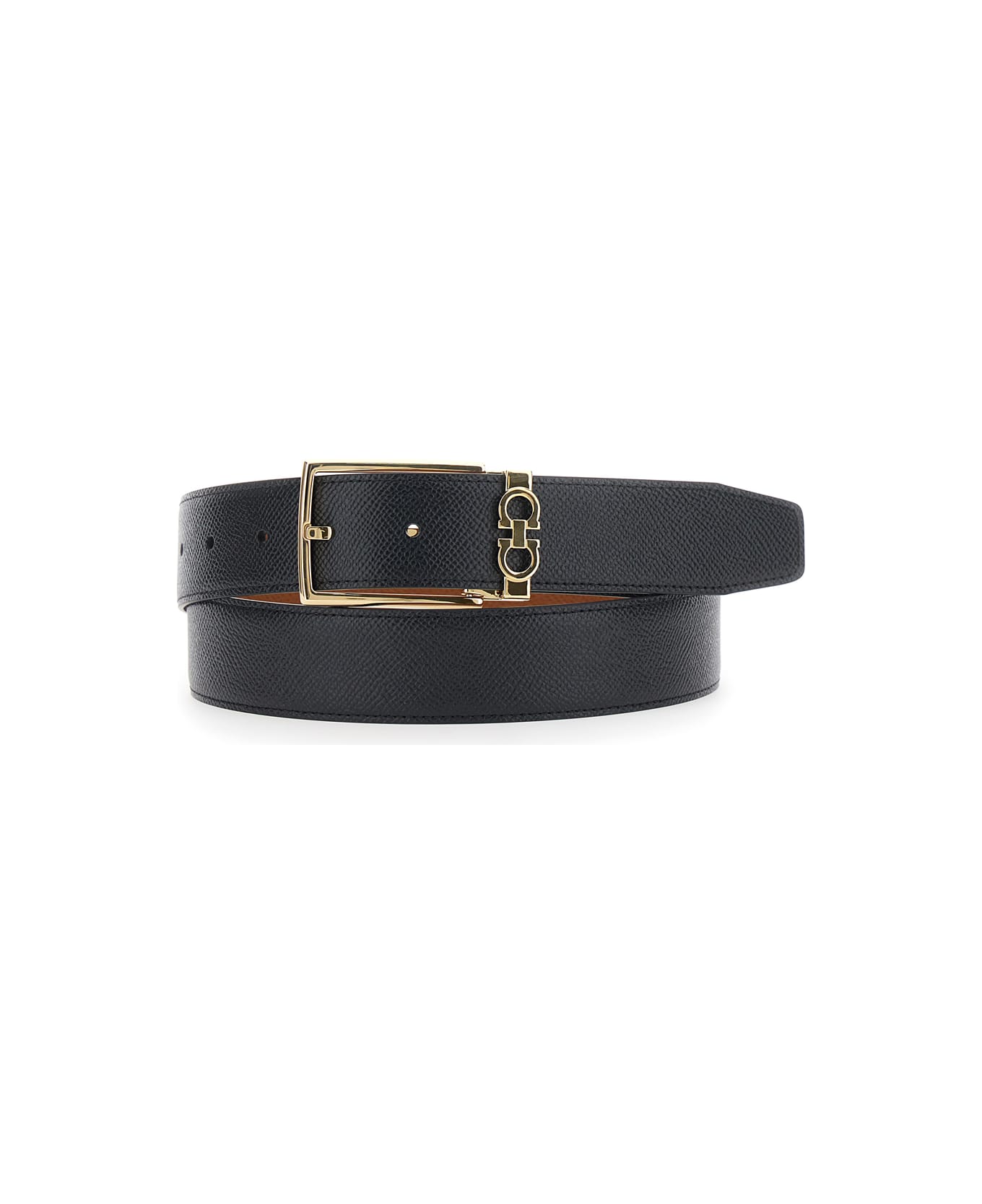 Ferragamo Black Reversible Belt With Gancini Buckle Belt In Grained Leather Man - Black