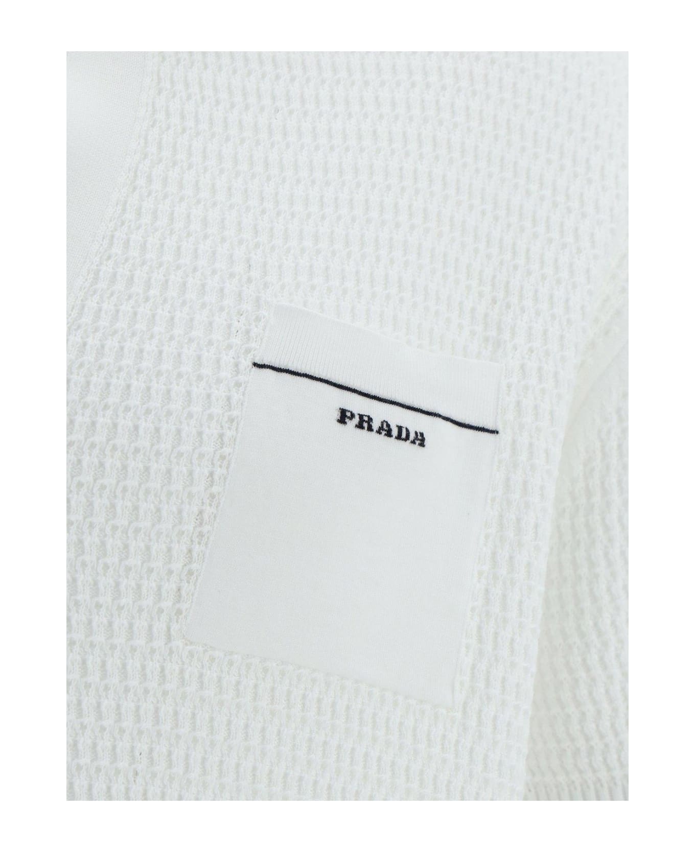 Prada Logo Embroidered Knit Polo Shirt - Bianco+nero