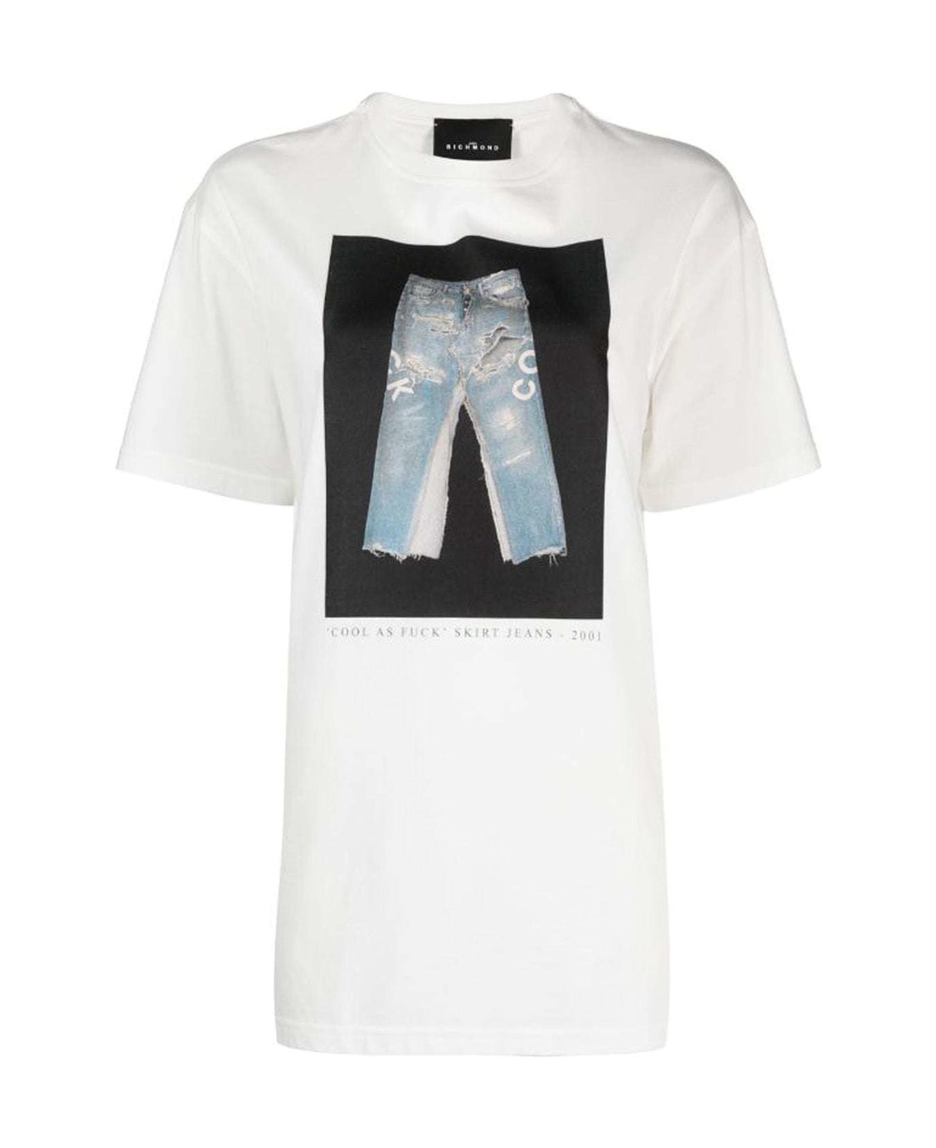 John Richmond Cotton T-shirt With Decorative Print Denim - Bianco