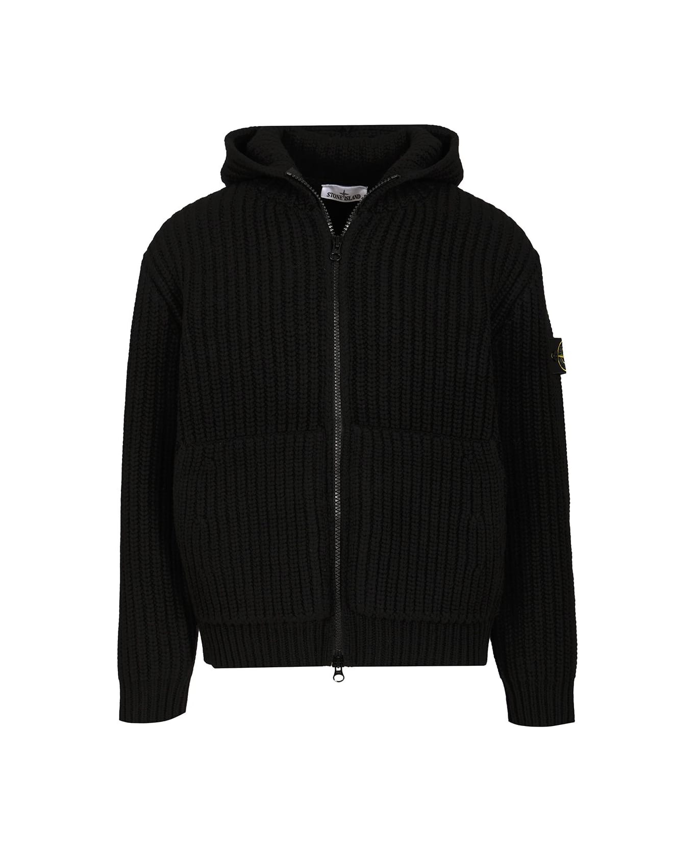 Stone Island Wool And Cashmere Hooded Cardigan - BLACK