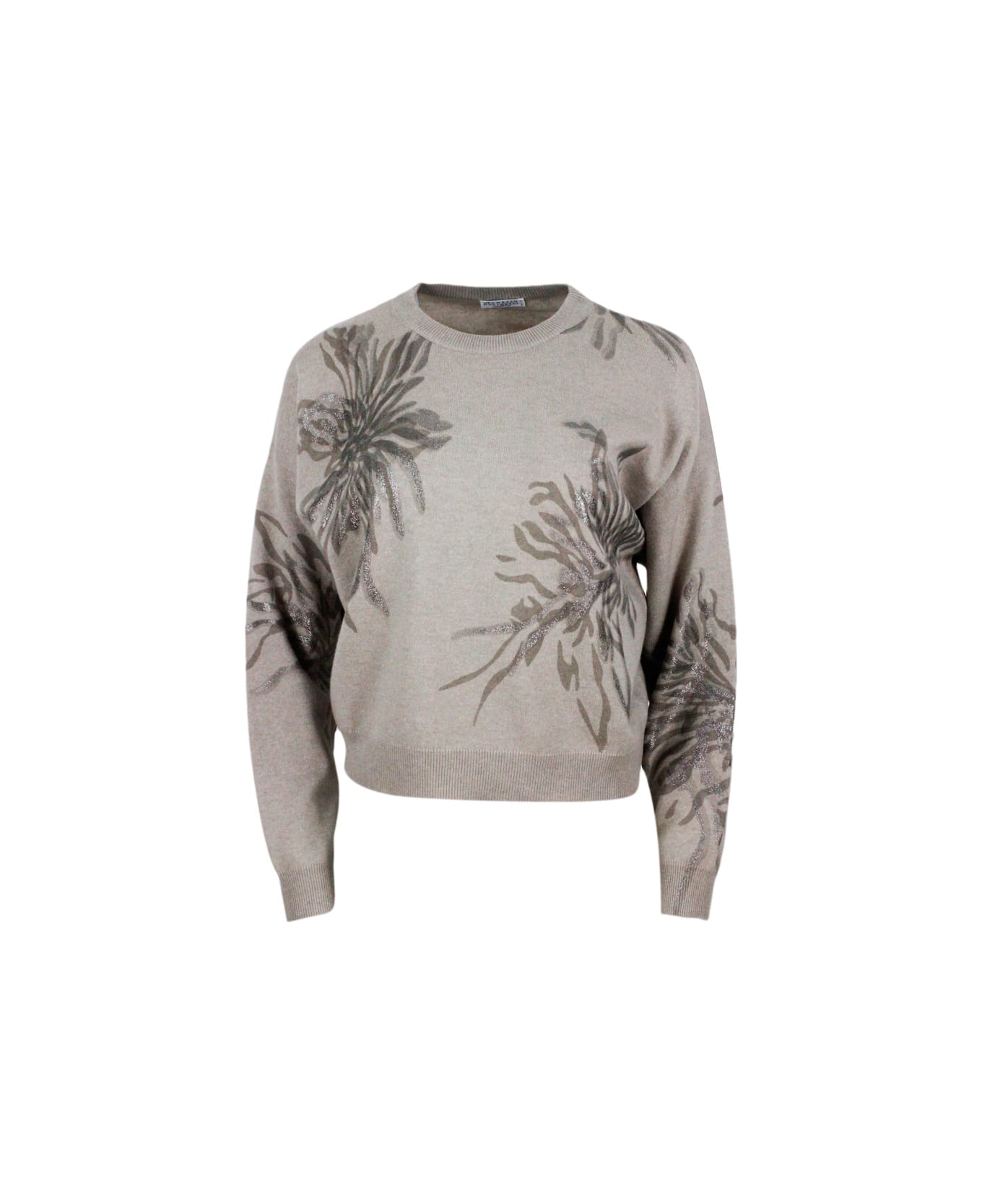 Brunello Cucinelli Long-sleeved Round-neck Wool, Silk And Cashmere Sweater With Flower Print Embellished With Lurex - Nut