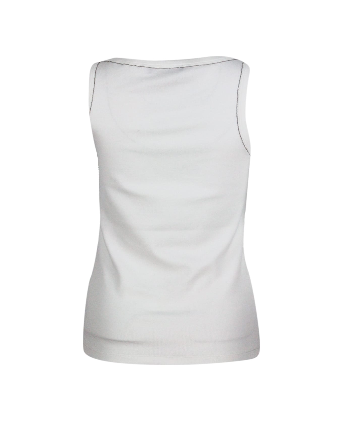 Fabiana Filippi Sleeveless T-shirt, Ribbed Cotton Tank Top With U-neck, Elbow-length Sleeves Embellished With Rows Of Monili On The Neck And Sides - White