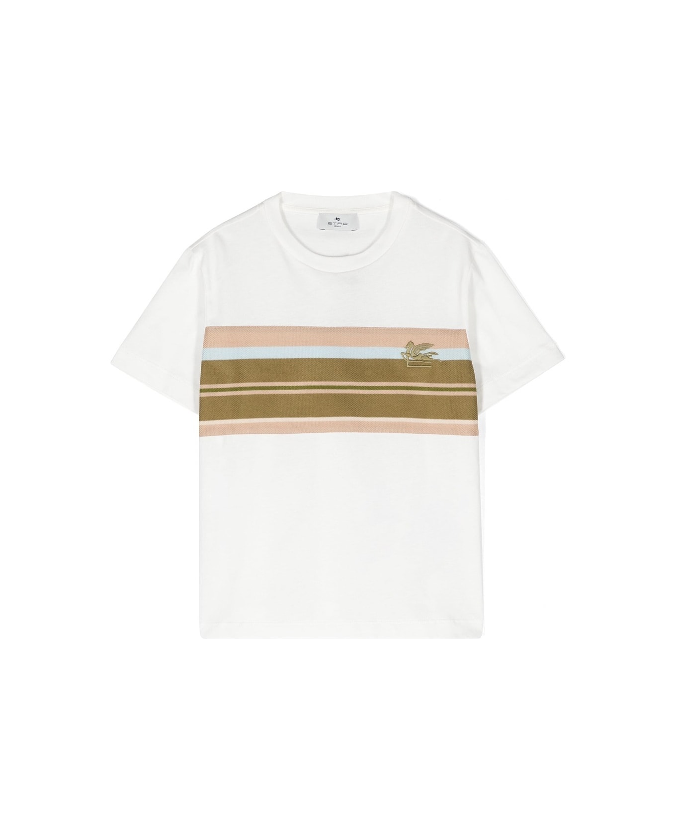 Etro White T-shirt With Logo And Striped Insert - Green
