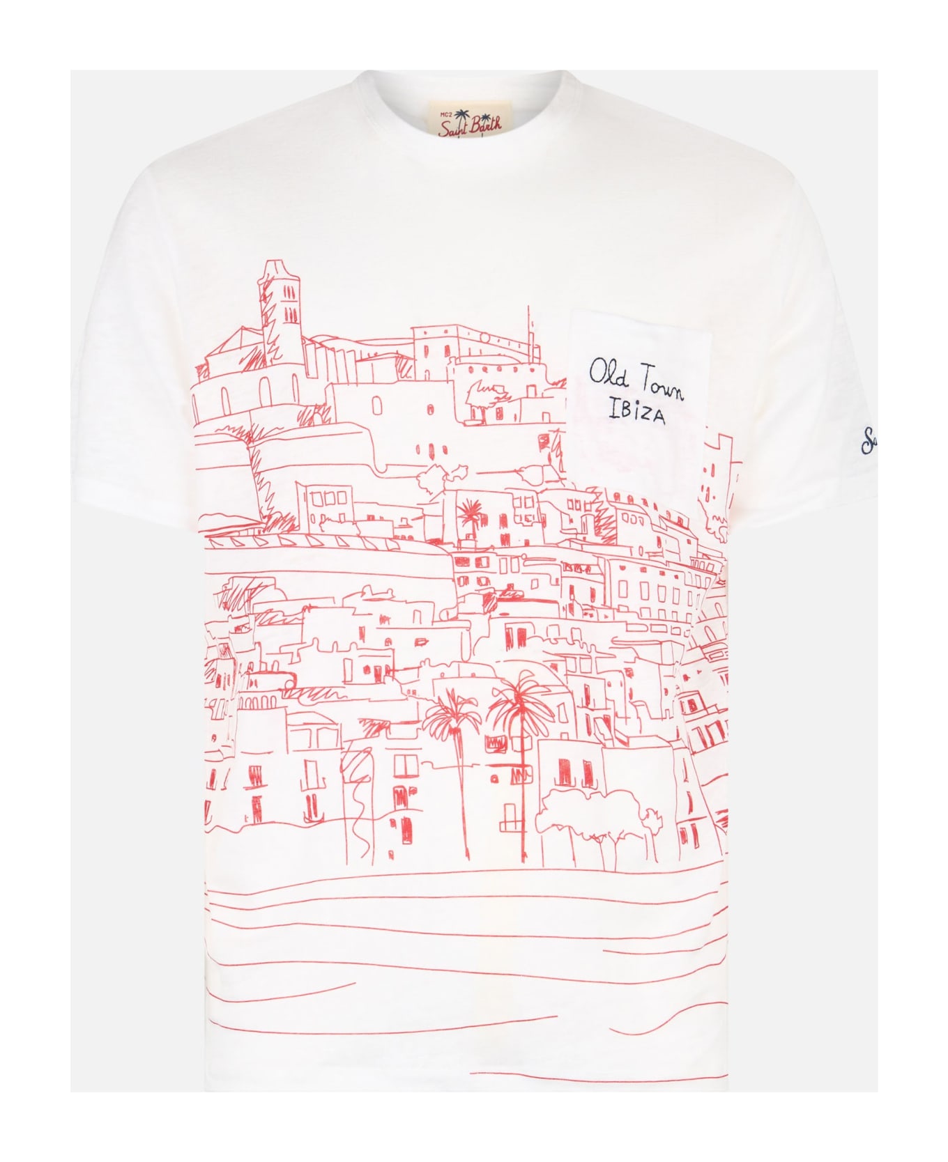MC2 Saint Barth Man Linen Jersey T-shirt Ecstasea With Ibiza Placed Print And Embroidered Pocket - WHITE