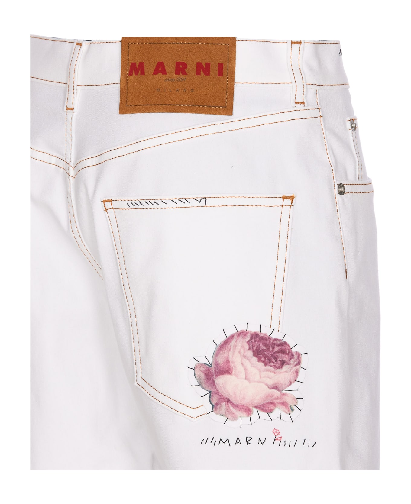 Marni White Denim Shorts With Flower Appliqué - White