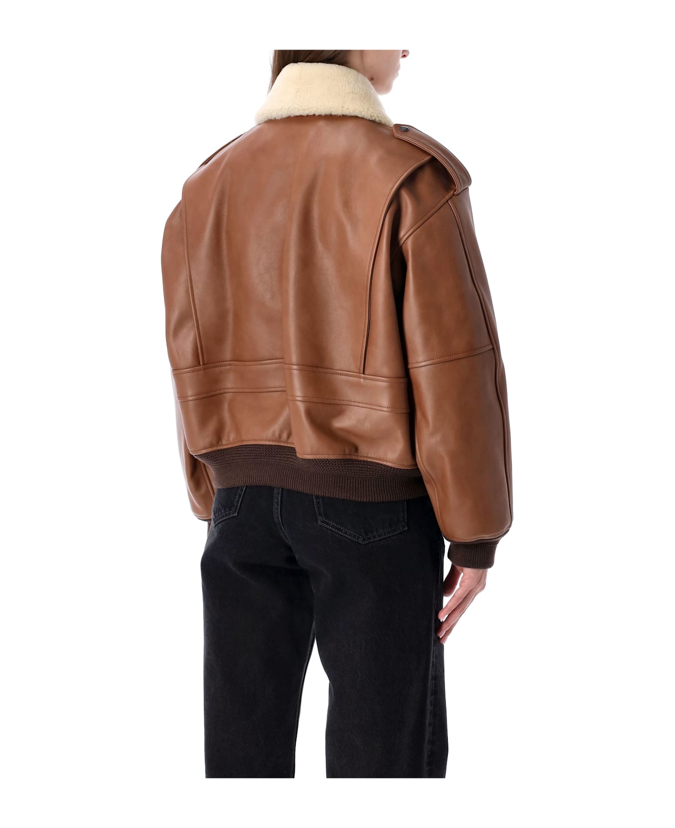 Saint Laurent Brown Leather Bomber Jacket With Shearling Collar - TERRACOTTA