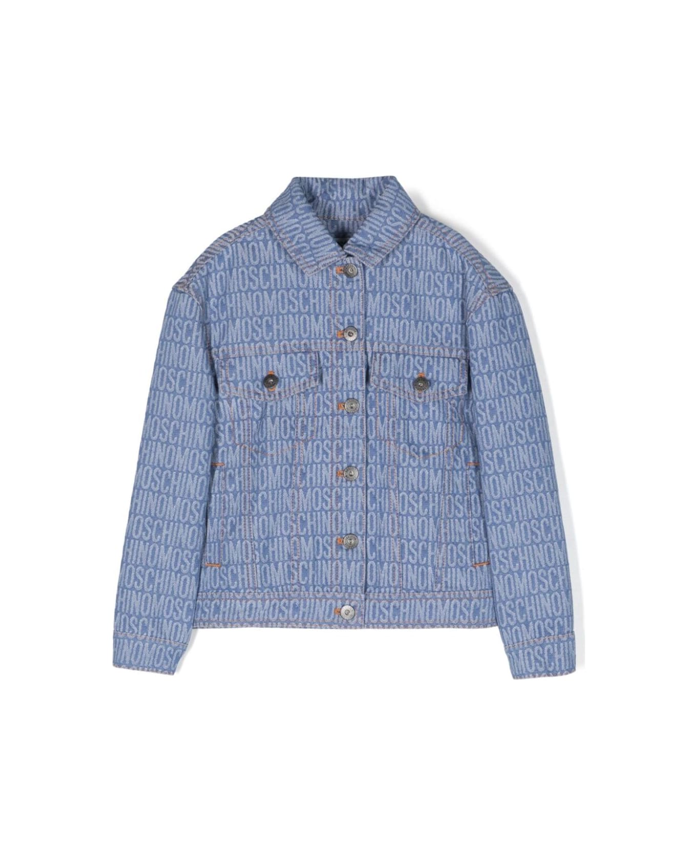 Moschino Blue Jacket With All Over Logo In Denim Boy - Blu コート＆ジャケット