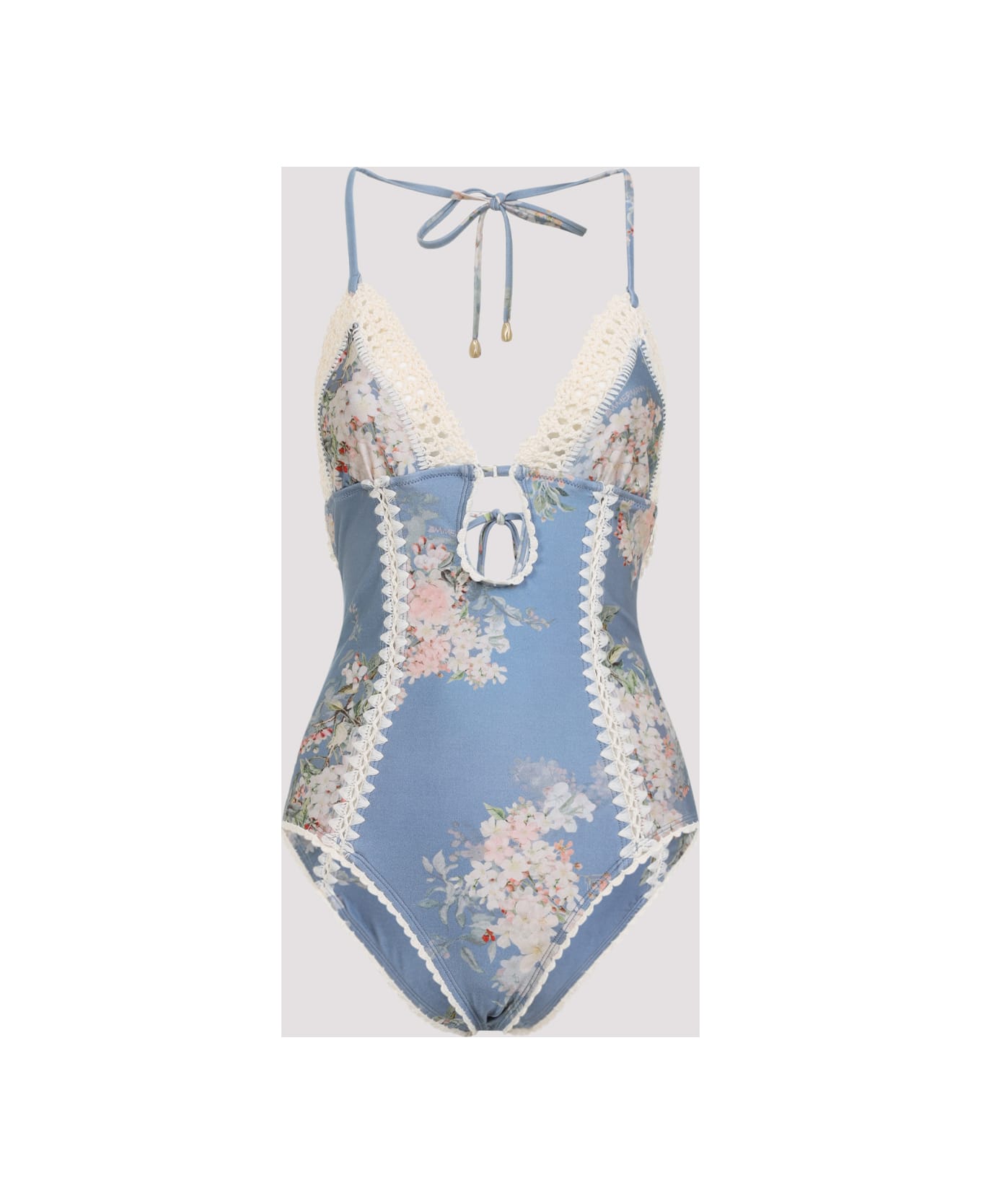 Zimmermann Cascadian Keyhole Crochet One-piece - Teal Blue Botanical Floral