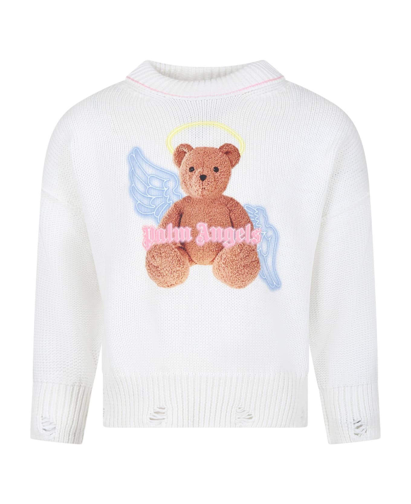 Palm Angels White Sweater For Girl With Iconic Teddy Bear - White