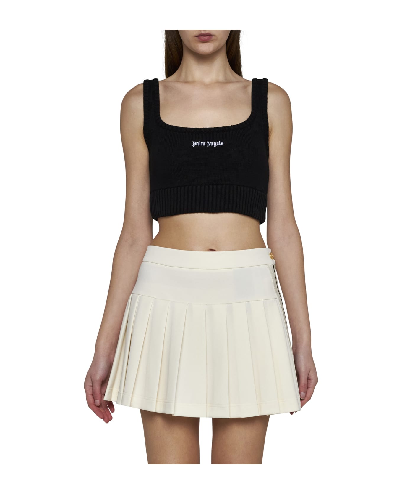 Palm Angels Logo Embroidered Cropped Knitted Tank Top - Black off white