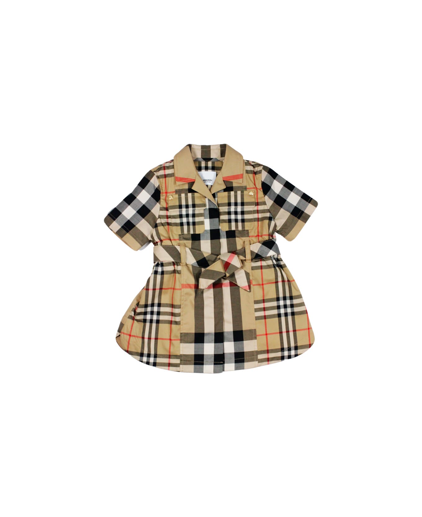 Burberry Short-sleeved Cotton Dress With Tartan Check Pattern And Button Closure On The Front - Beige