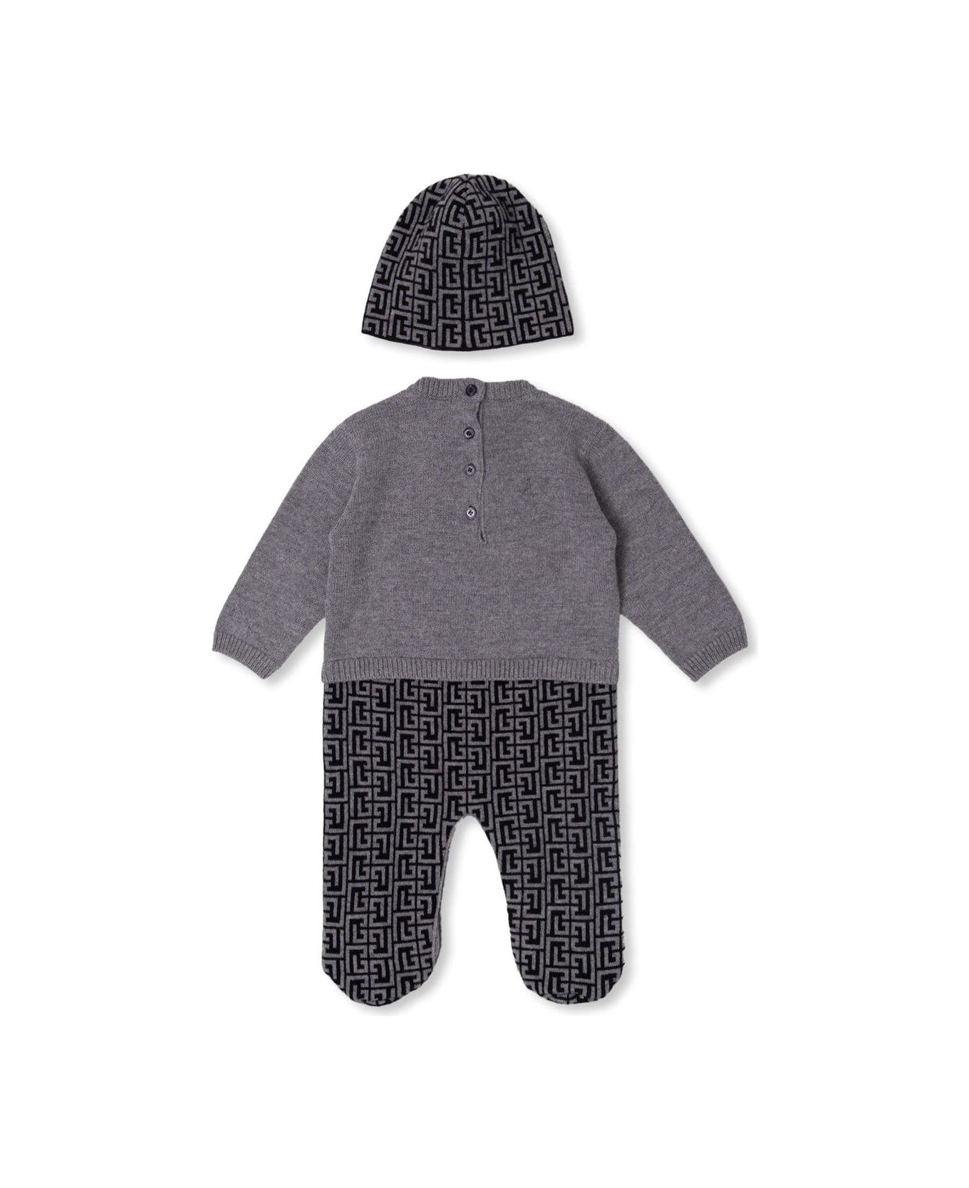 Balmain Logo-intarsia Knitted Babygrow Set - Black/grey