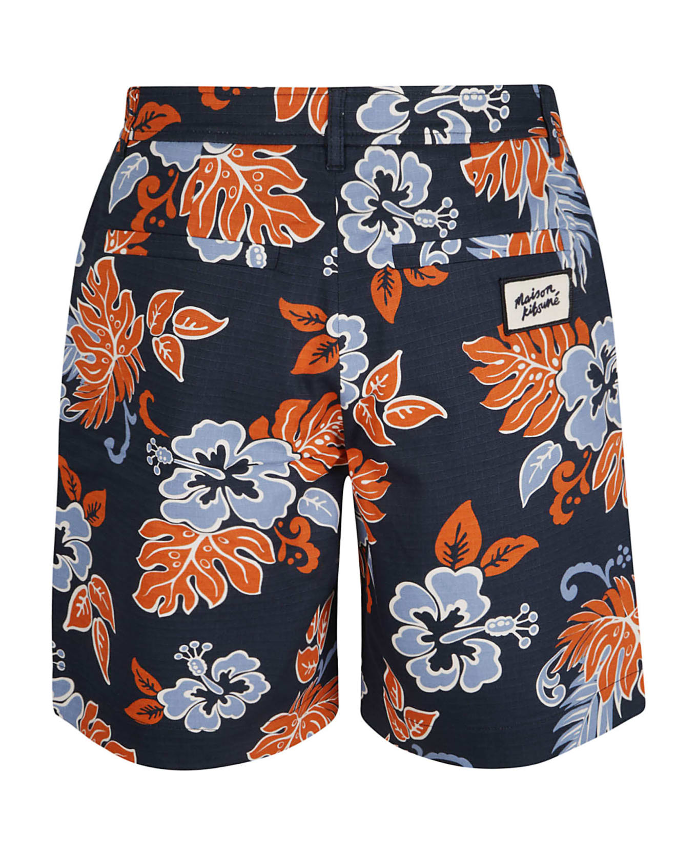 Maison Kitsuné Logo Patched Floral Print Board Shorts - Deep Navy
