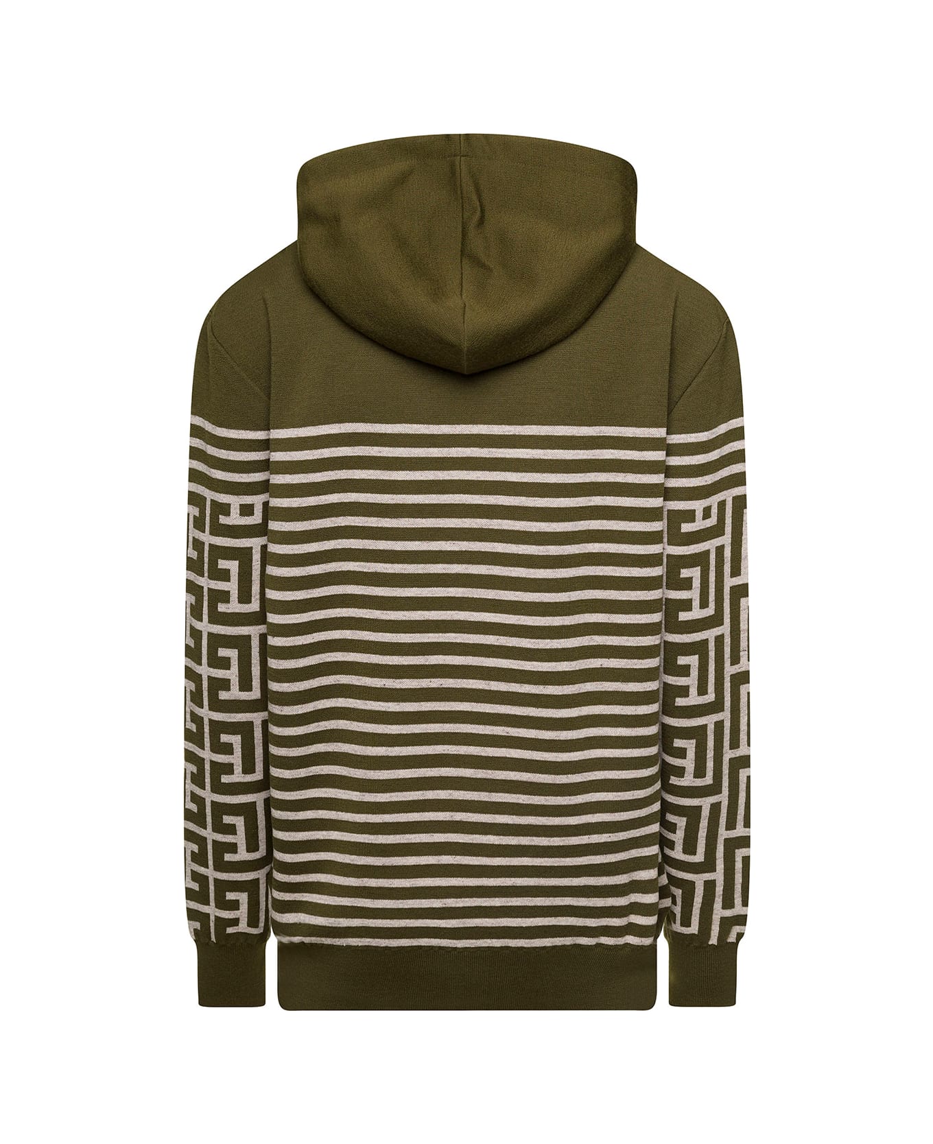 Balmain Military Green Hoodie With Monogram And Stripes In Wool And Linen Man - Green