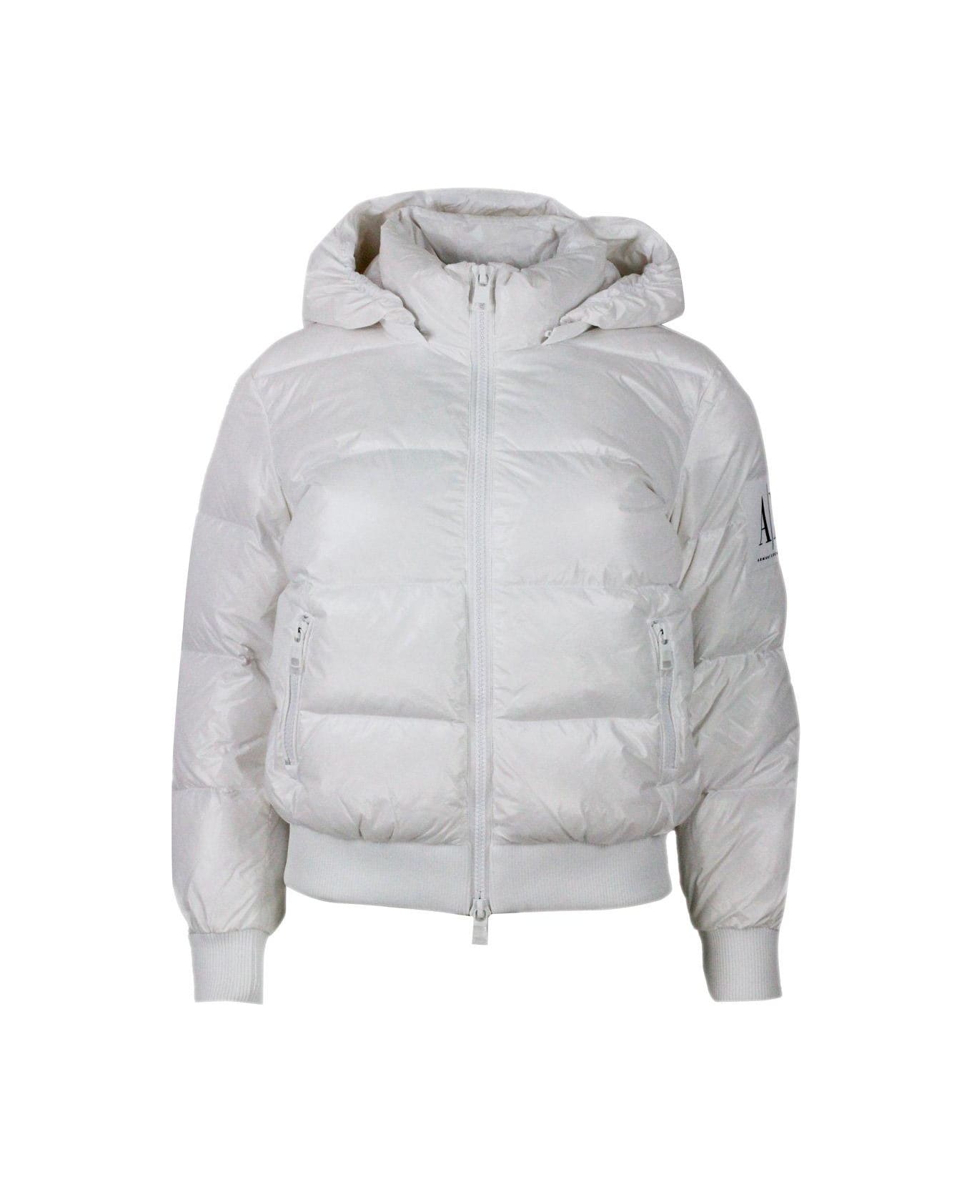 Armani Exchange Hooded Zipped Puffer Jacket - White