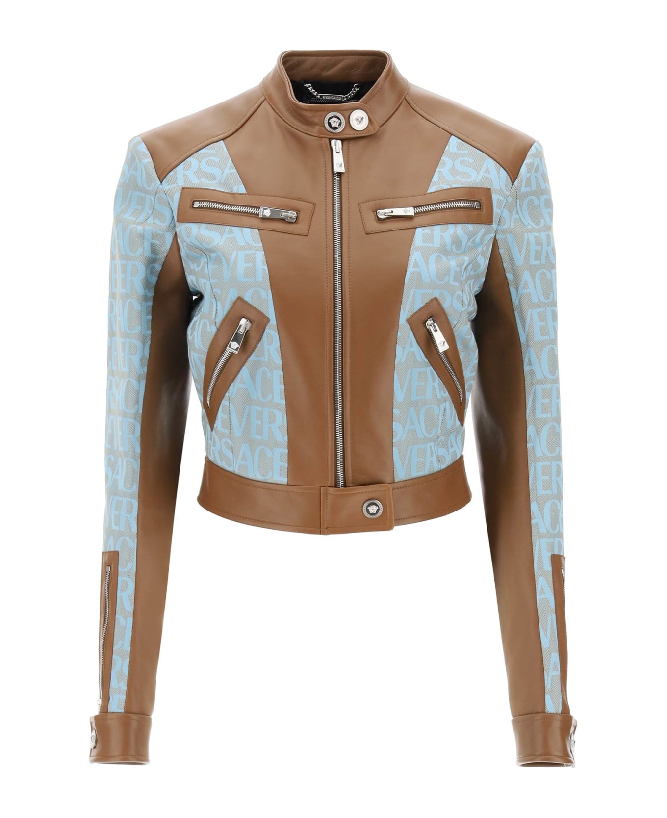 Versace 'versace Allover' Lamb Leather Biker Jacket - PALE BLUE BEIGE (Brown)