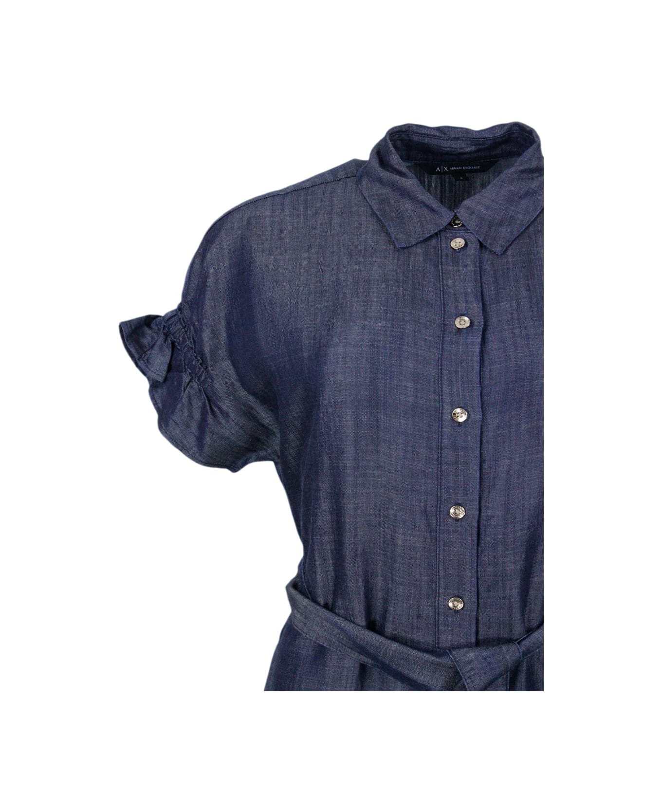 Armani Collezioni Lightweight Denim Dress With Gathered Sleeves With Button Closure And Belt Supplied - Denim Dark