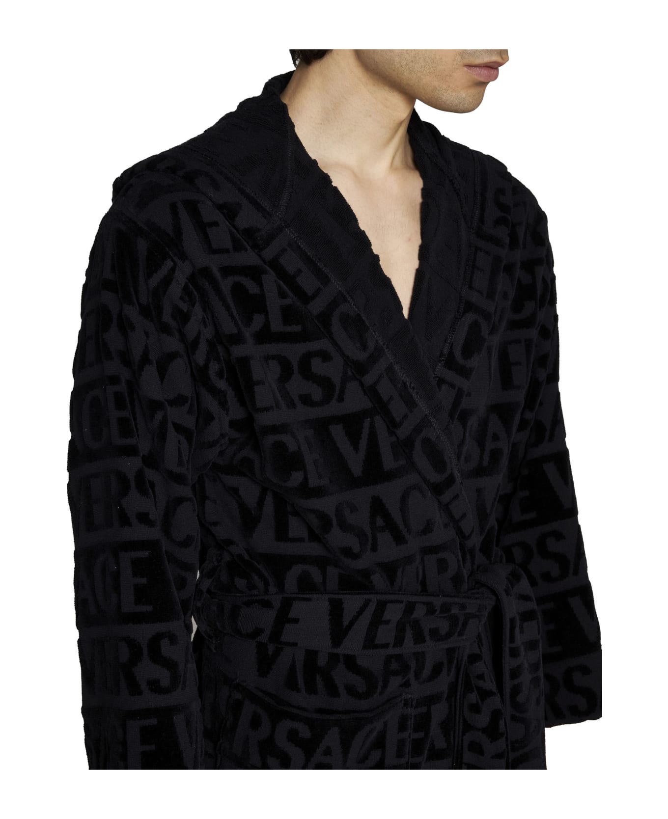 Versace Sequin Logo Bathrobe - Black