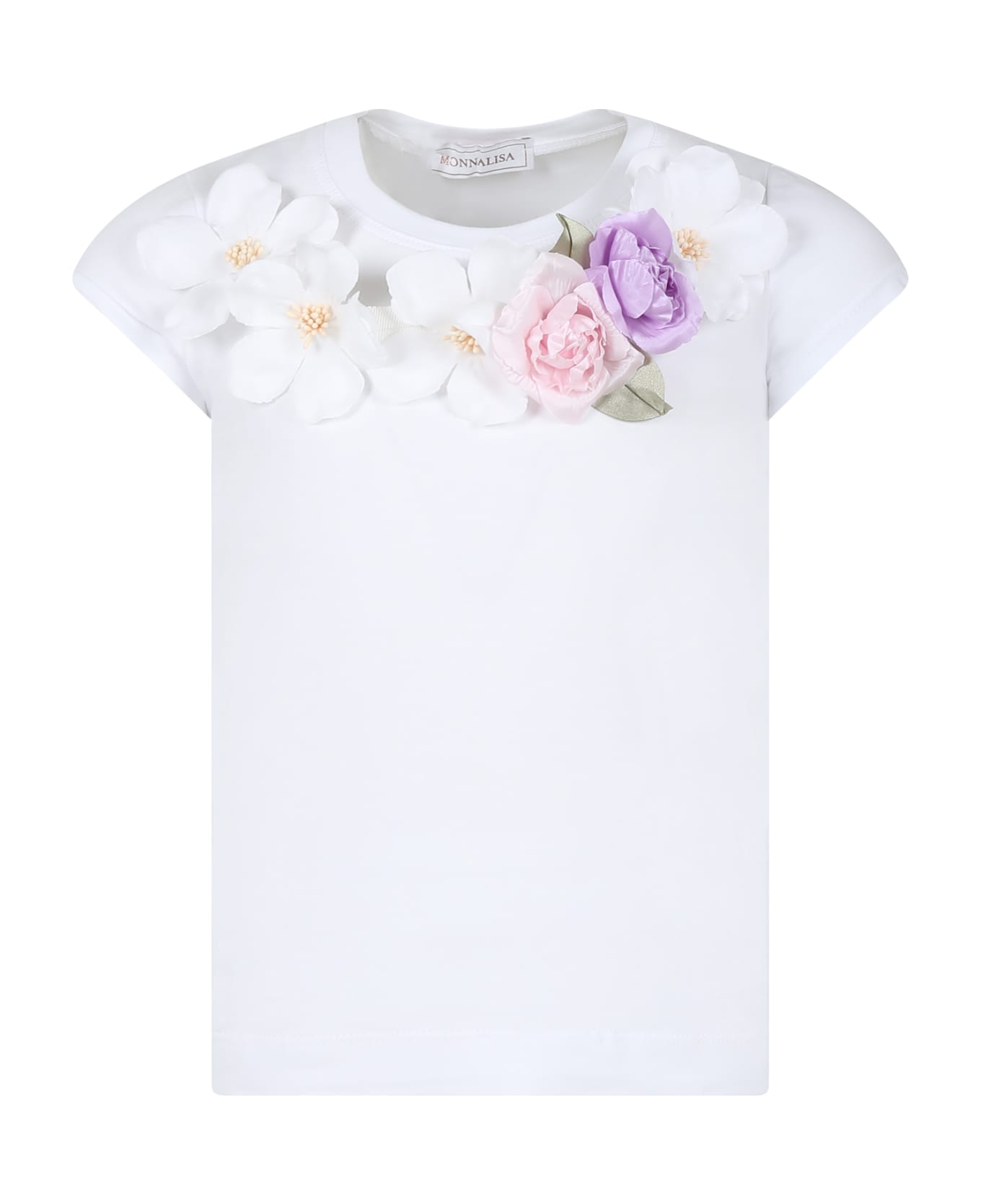 Monnalisa White Crop T-shirt For Girl With Flowers - White Tシャツ＆ポロシャツ