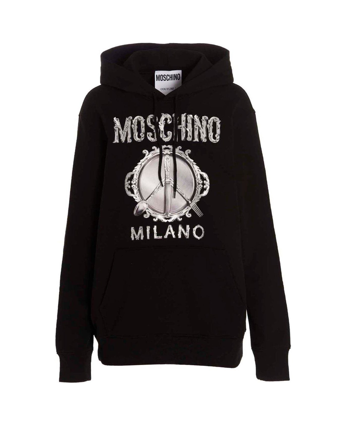 Moschino Logo Printed Drawstring Hoodie Moschino - WHITE/BLACK フリース