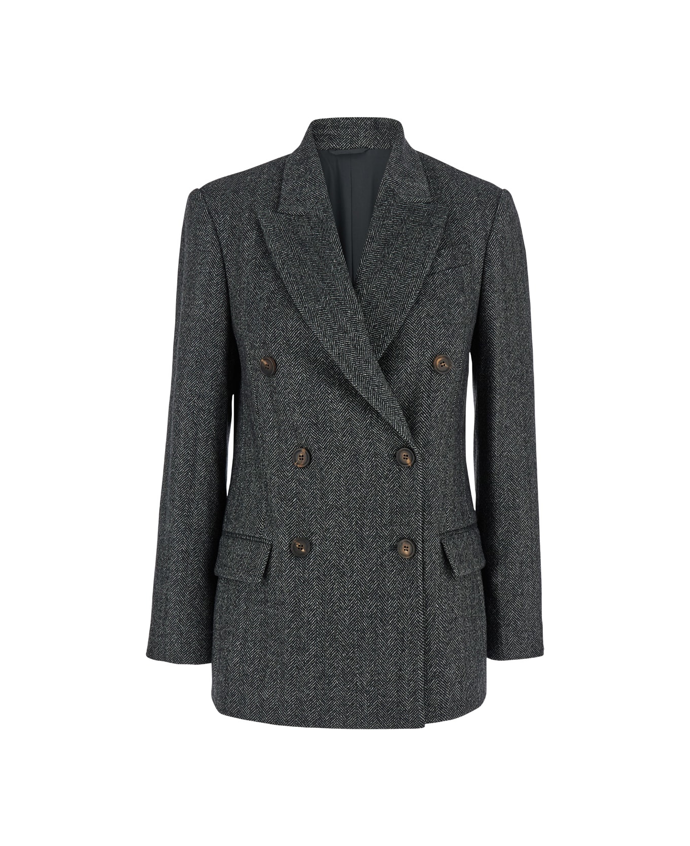 Brunello Cucinelli Grey Double-breasted Jacket With Herringbone Pattern In Wool Woman - Multicolor