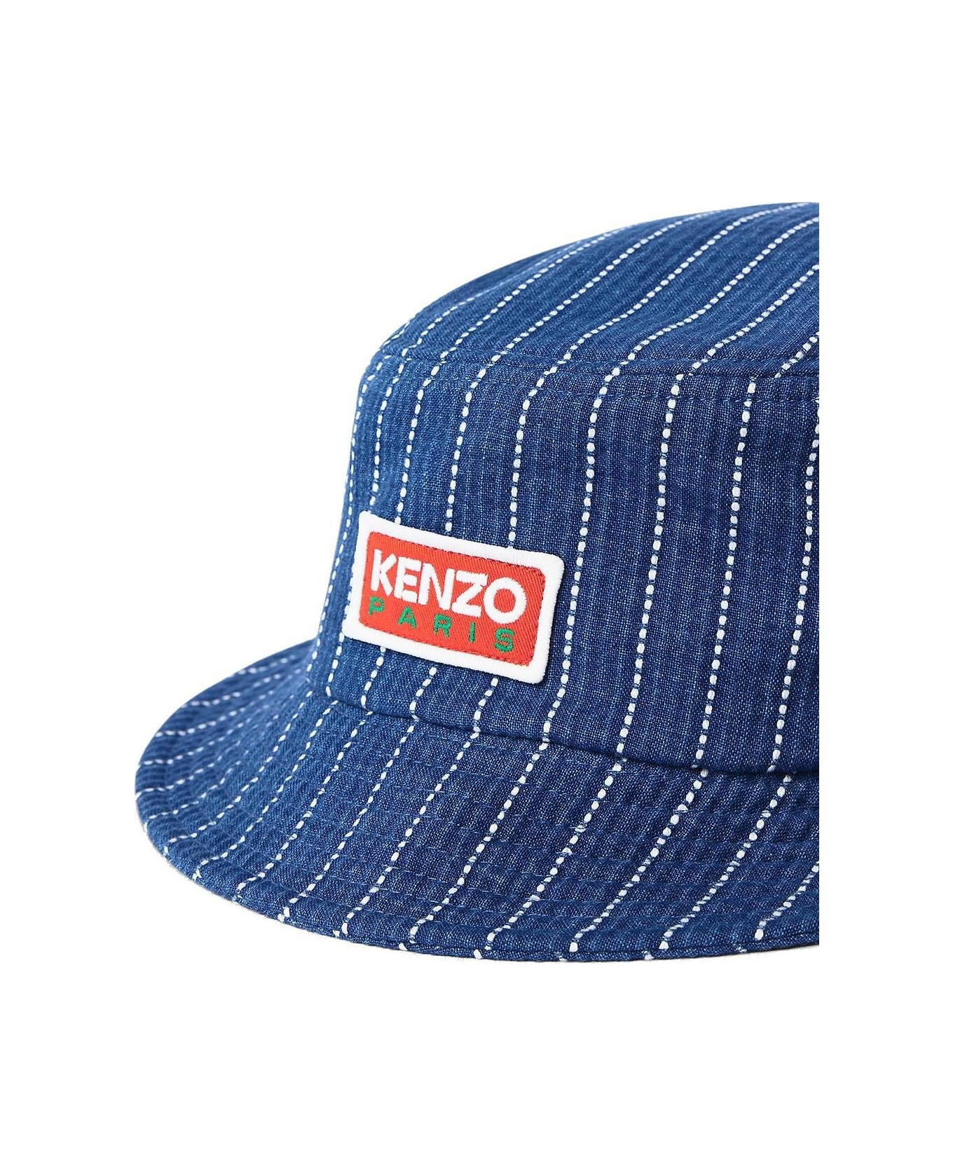 Kenzo Logo Patch Stripe Detailed Bucket Hat - Blue