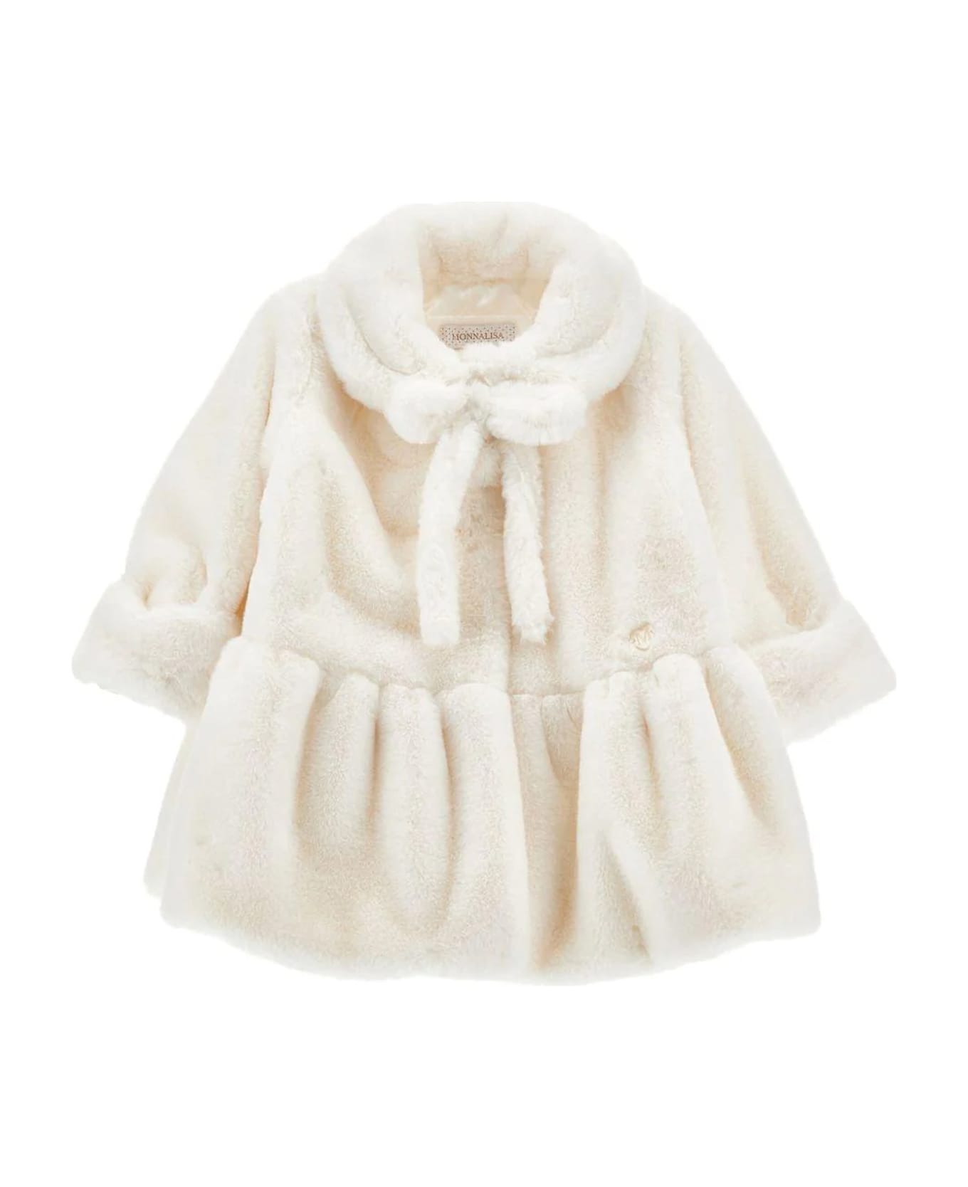 Monnalisa Ivory Faux Fur Coat For Baby Girl With Logo - Ivory