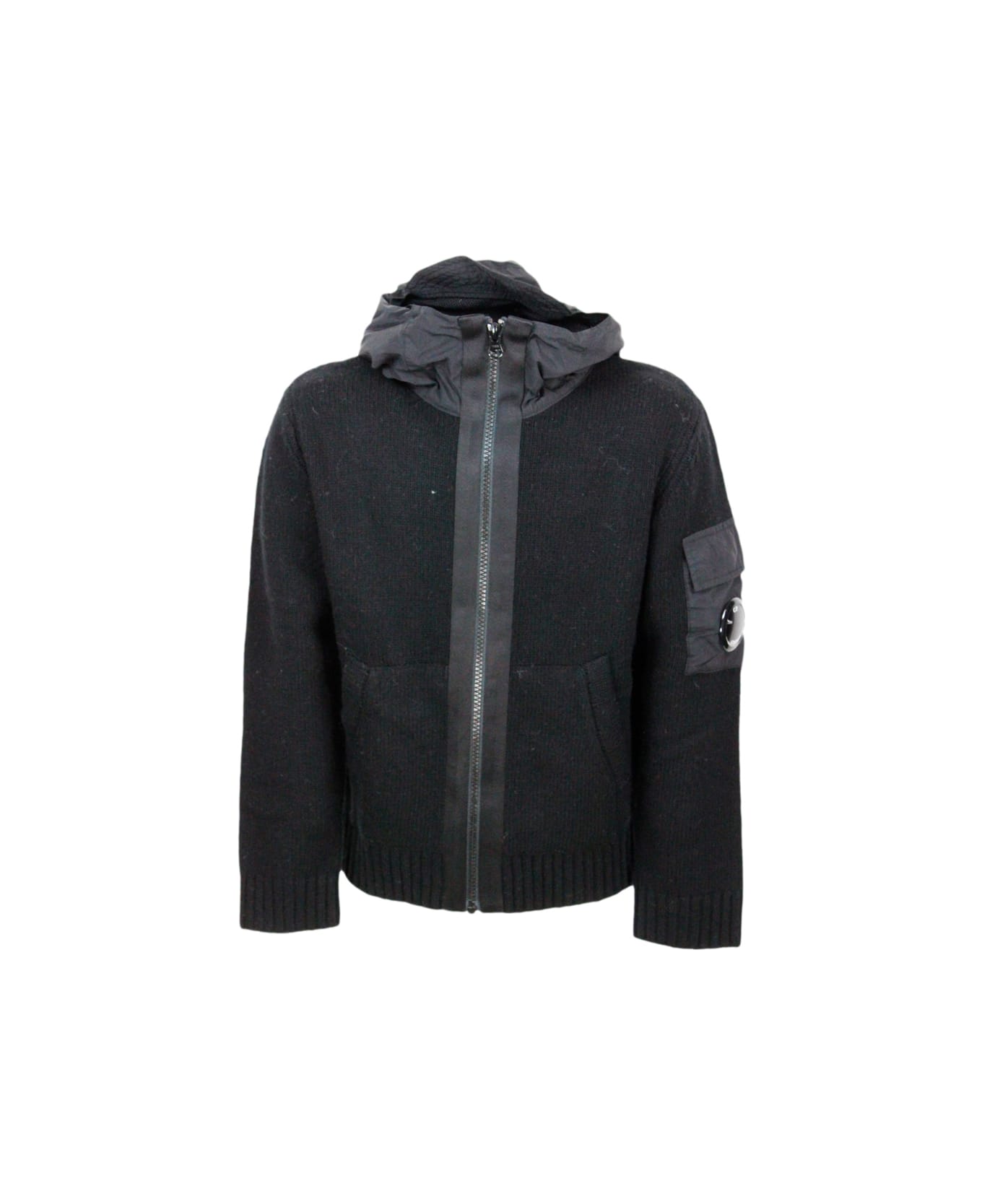 C.P. Company Wool Sweater With Long Sleeve Full Zip Closure With Nylon Hood With Logo On The Sleeve And Kangaroo Pockets - Black