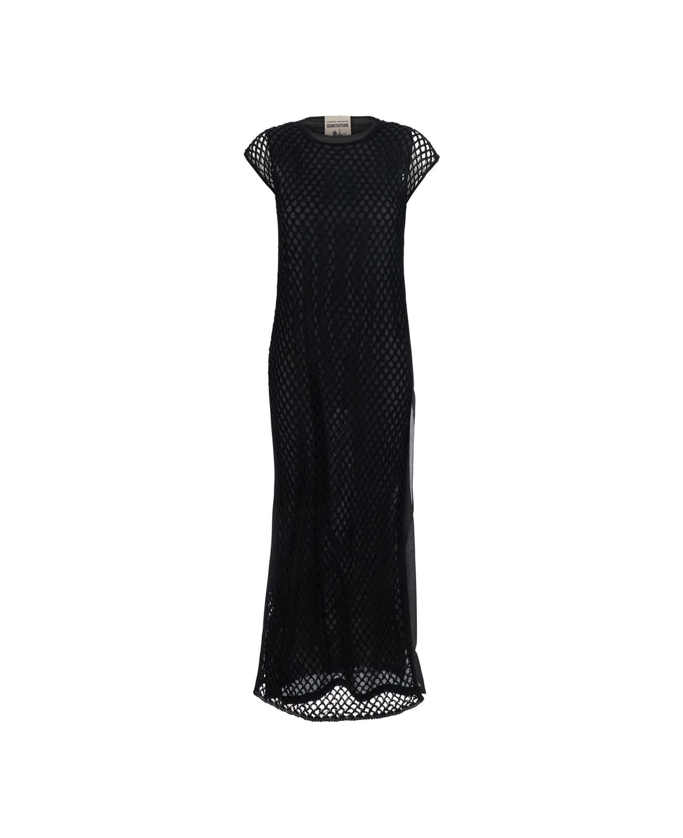 SEMICOUTURE Black Crewneck Long Dress With Fishnet Design And Matching Underdress In Cotton Woman - Black