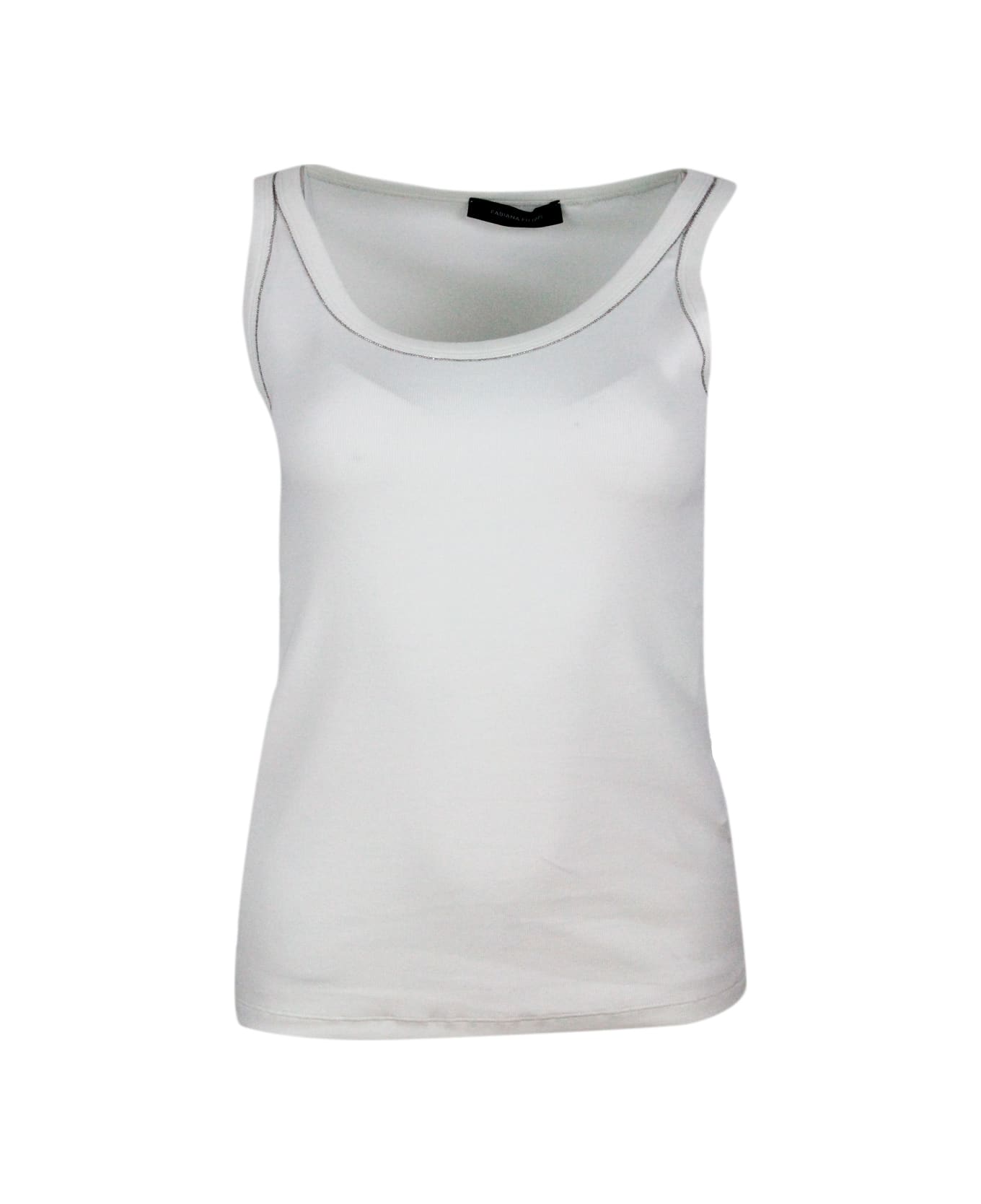 Fabiana Filippi Sleeveless T-shirt, Ribbed Cotton Tank Top With U-neck, Elbow-length Sleeves Embellished With Rows Of Monili On The Neck And Sides - White タンクトップ