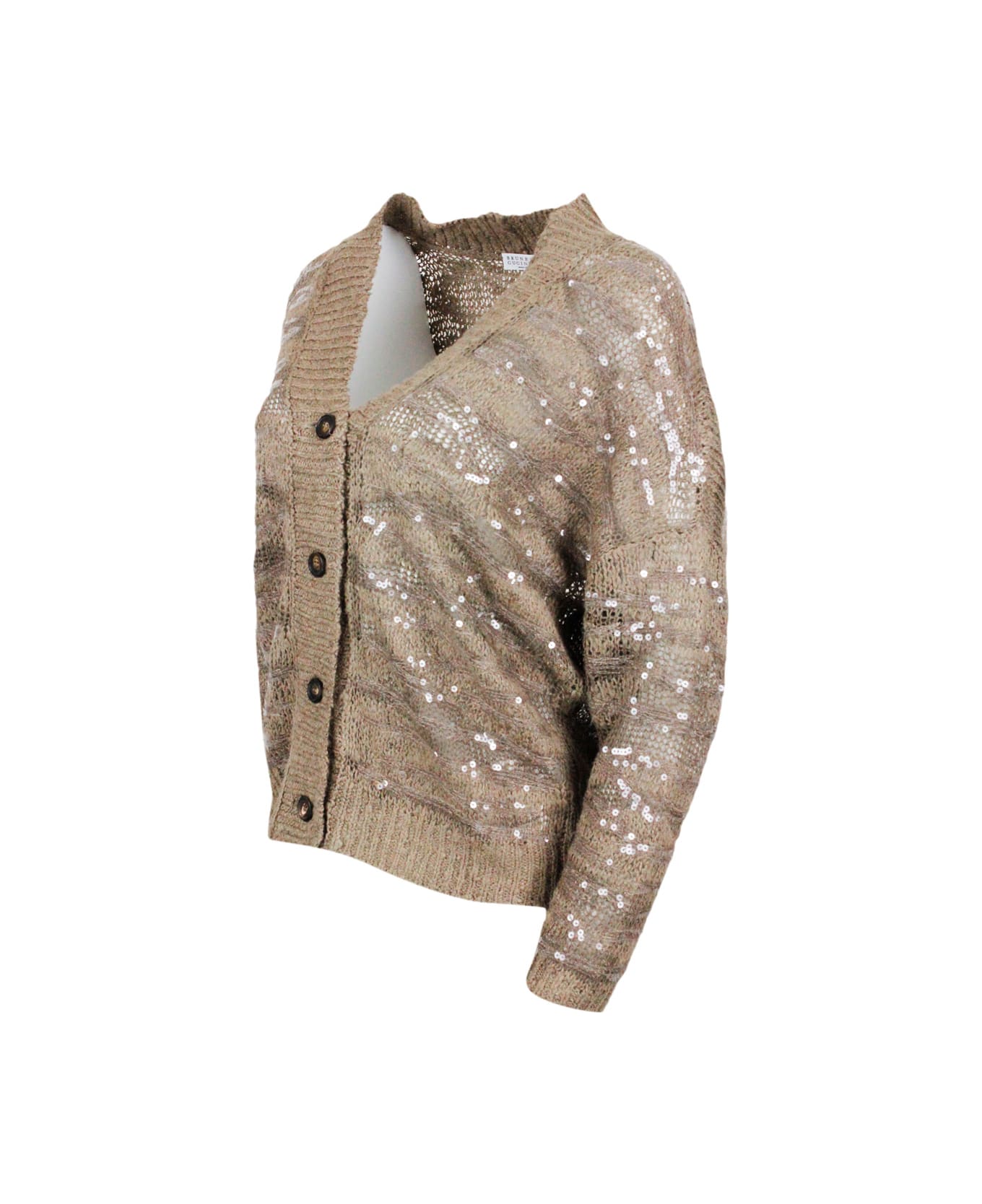 Brunello Cucinelli Cardigan With Animalier Buttons Inlay In Silk, Linen And Hemp - Brown