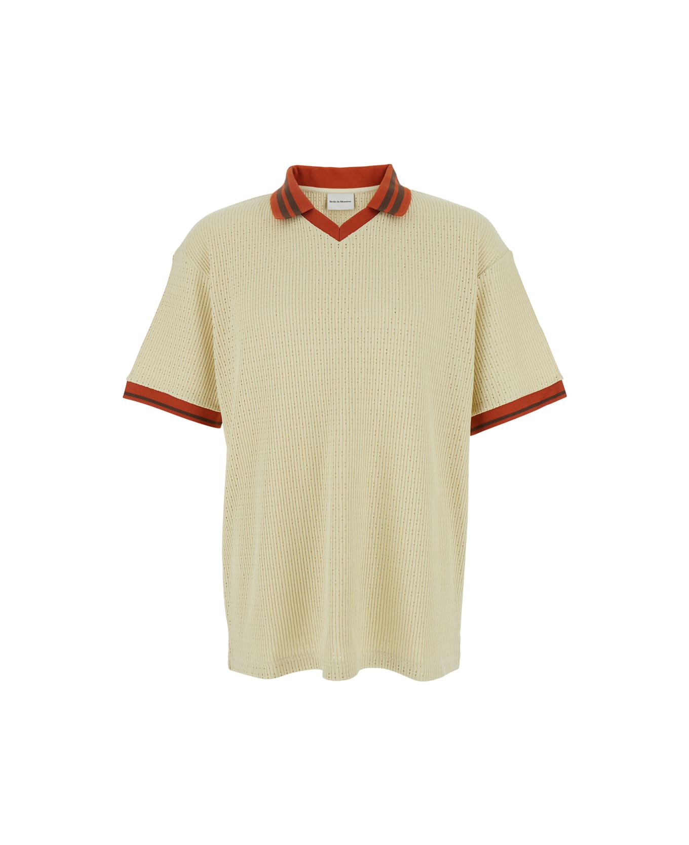Drôle de Monsieur 'le Polo Ajouré' Beige Polo Shirt With Bicolor Collar And V Neck In Cotton Man - Beige