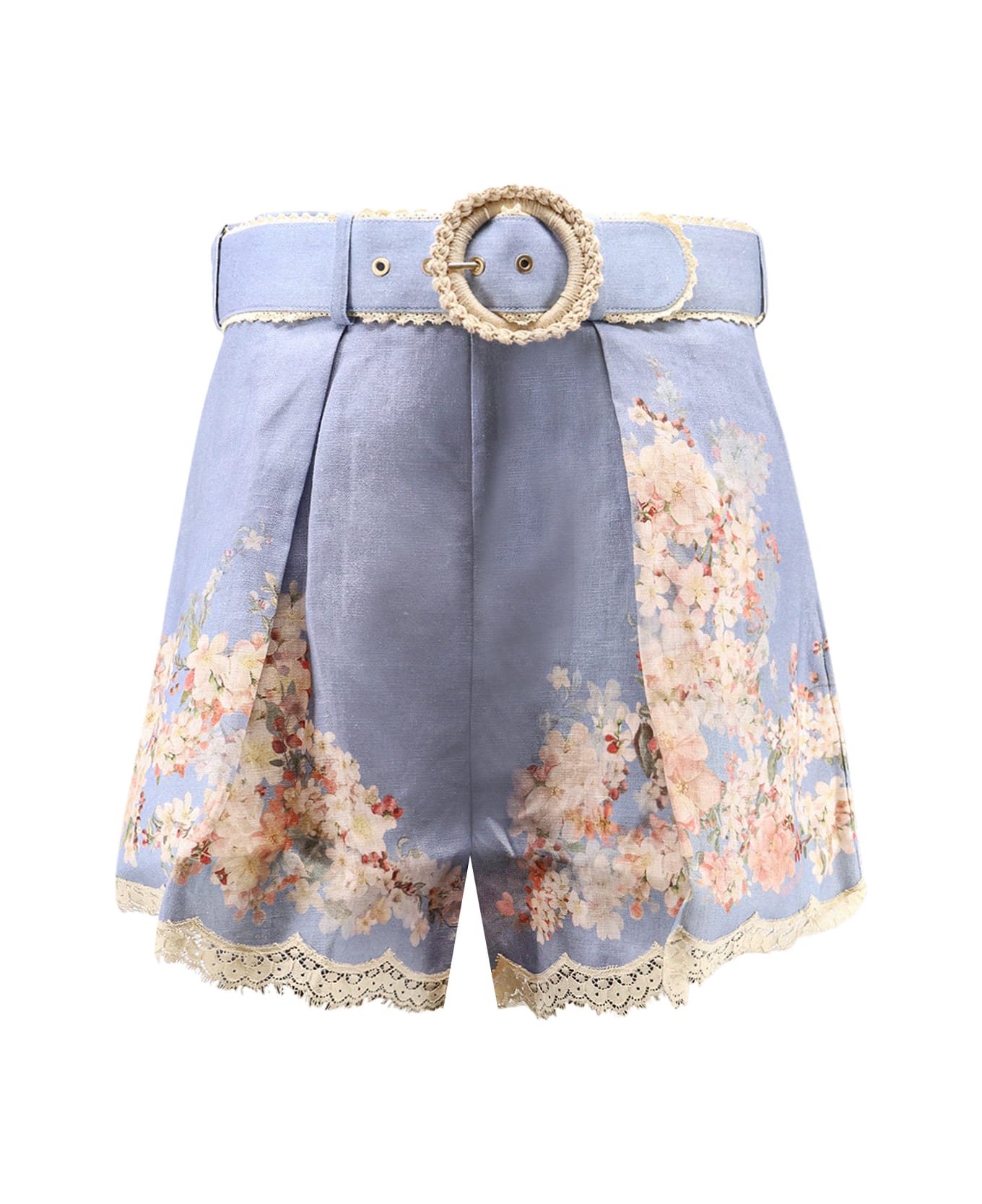 Zimmermann Cascadian Tuck Ramie Shorts - Teal Blue Botanical Floral