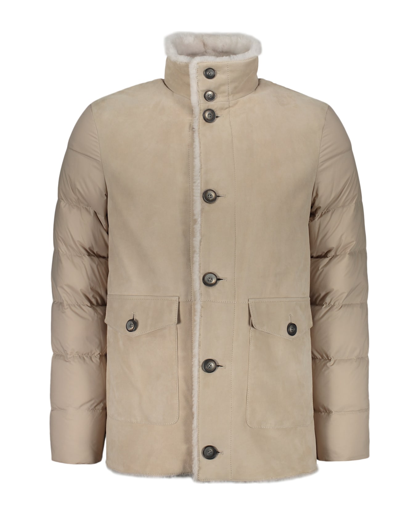 Herno Down Jacket In Nylon And Lamb Shearling - Beige