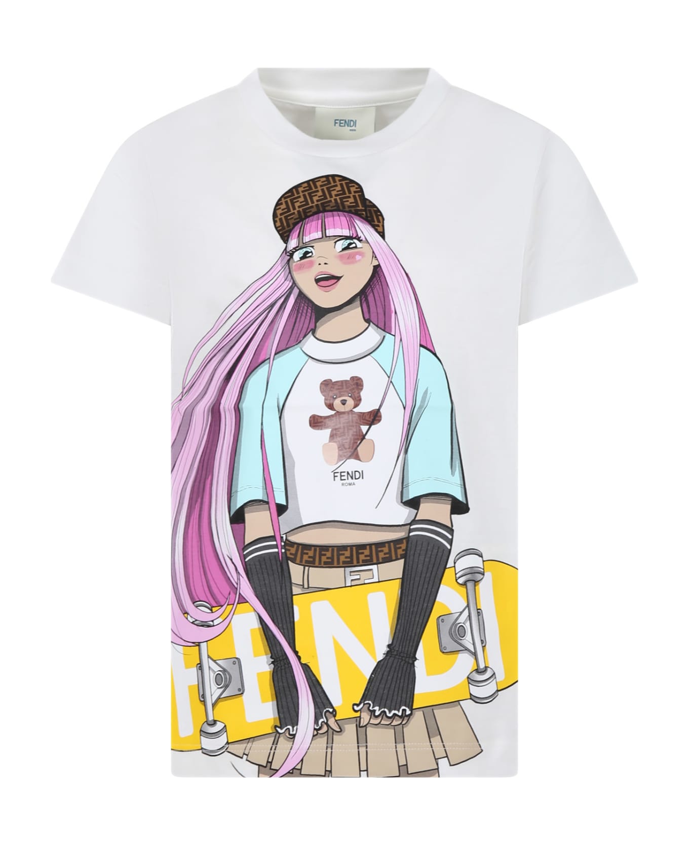 Fendi White T-shirt For Girl With Print And Ff - White