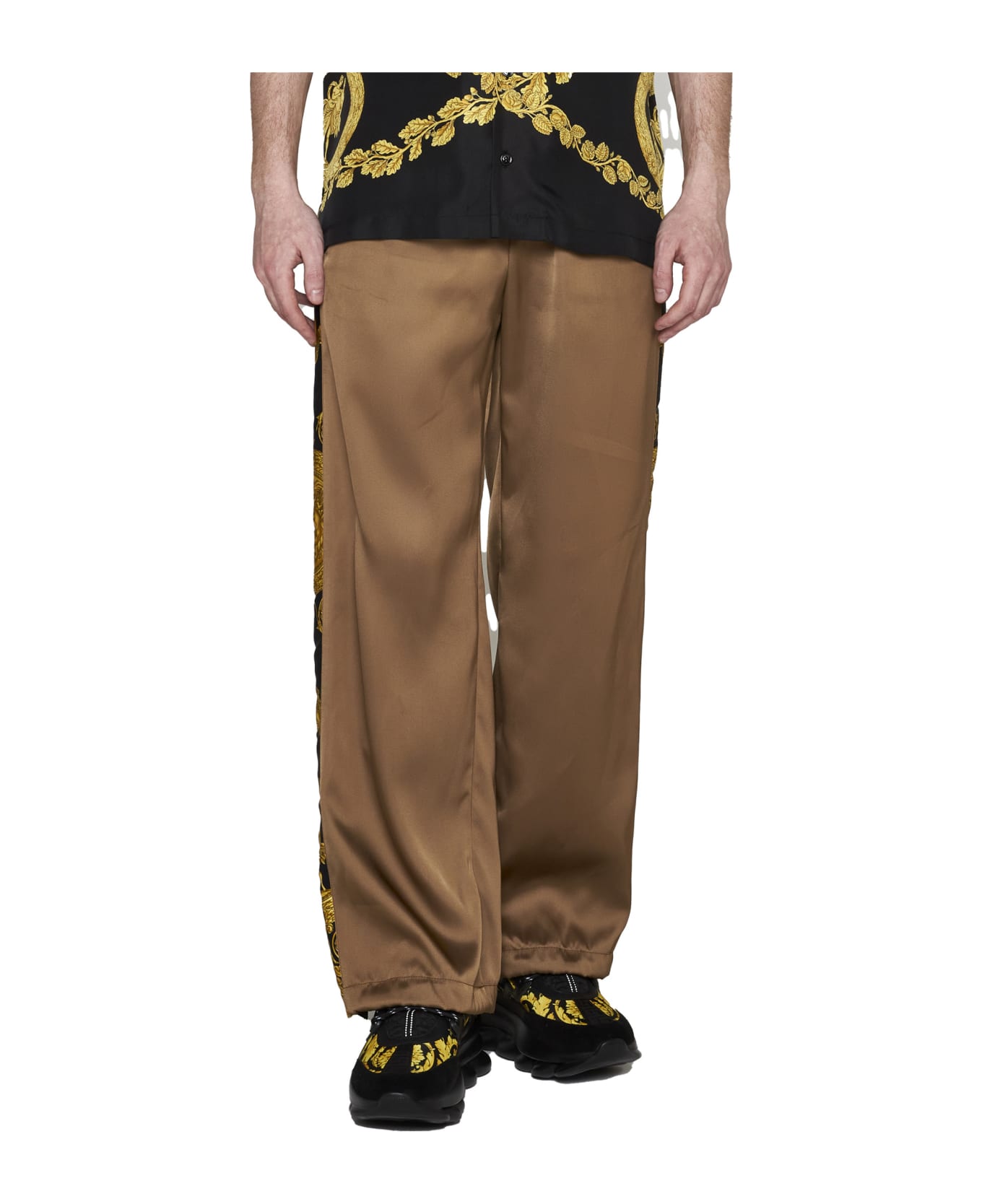 Versace Camel Trousers With Baroque Bands - Brown ボトムス