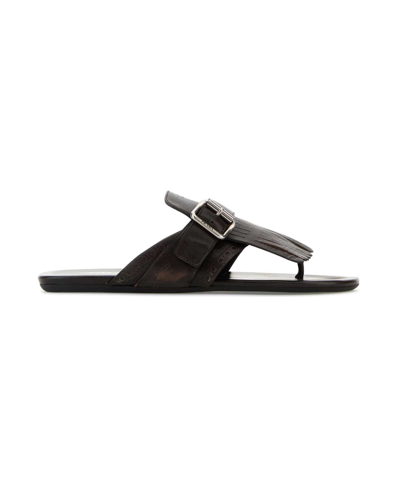 Prada Dark Brown Leather Shuffle Thong Slippers - MORO