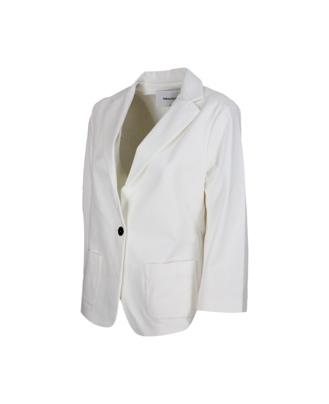 Fabiana Filippi Single-breasted Blazer Jacket In Stretch Cotton Jersey With Three-quarter Sleeves Embellished With Sparkling Monili On The Neck - White