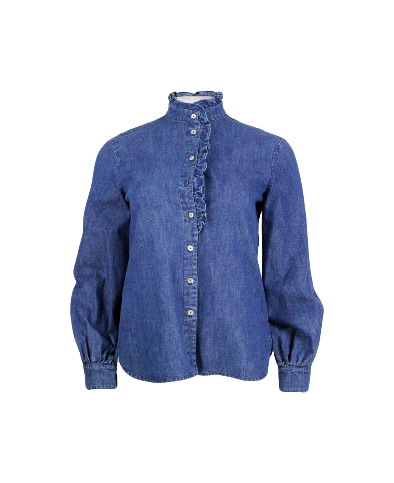 Barba Napoli Long-sleeved Shirt In Fine Denim Embellished With Rouges On The Collar And Along The Buttons. Regular Line - Denim