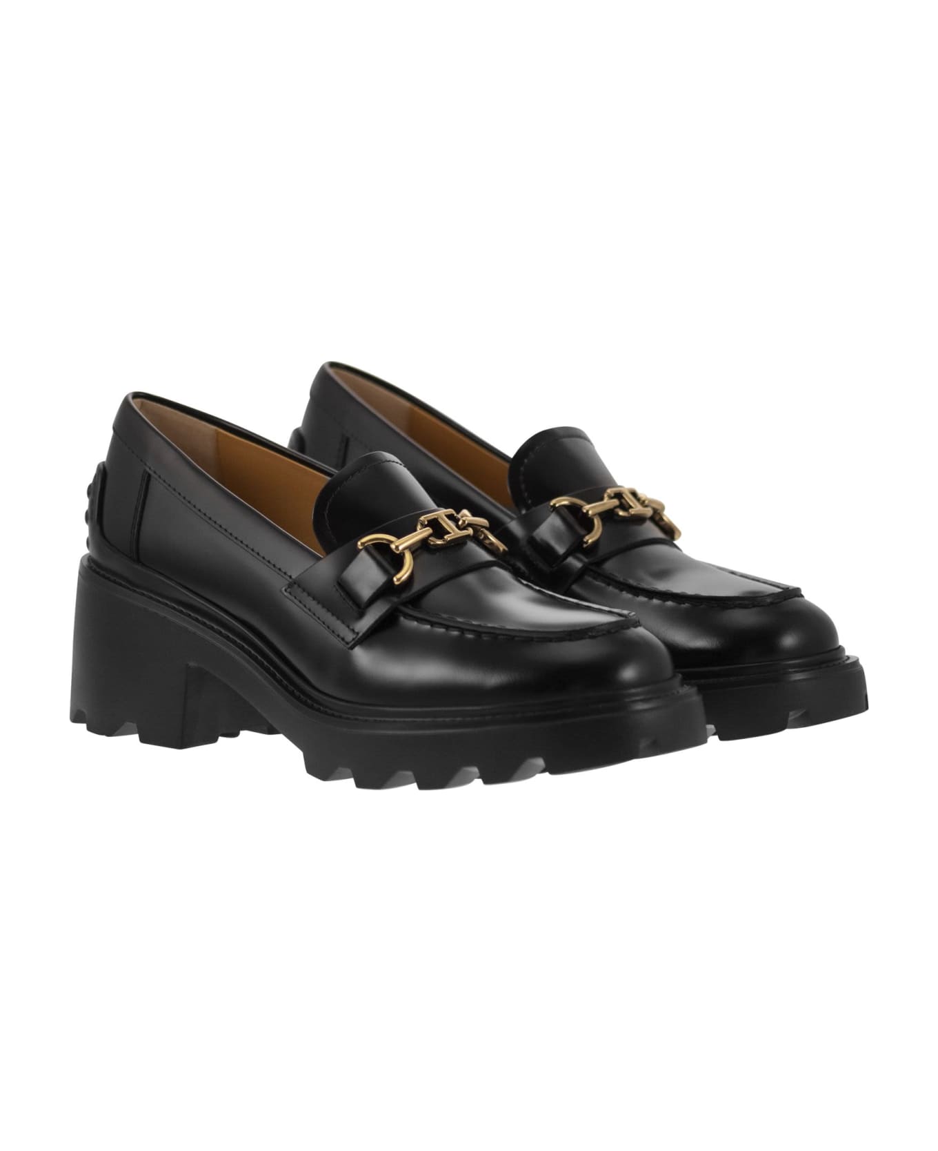 Tod's Leather Moccasin With Carrarmato Bottom - Black ハイヒール