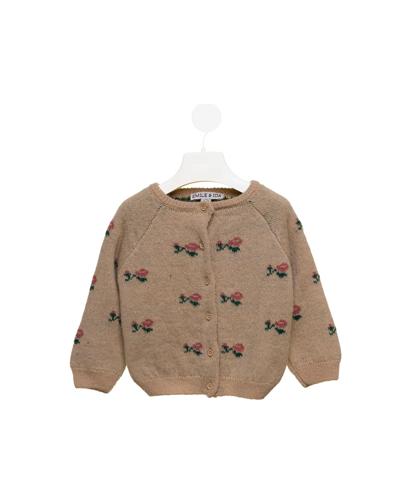 Emile Et Ida Kids Baby's Brown Cardigan With Floral Embroidery - Beige