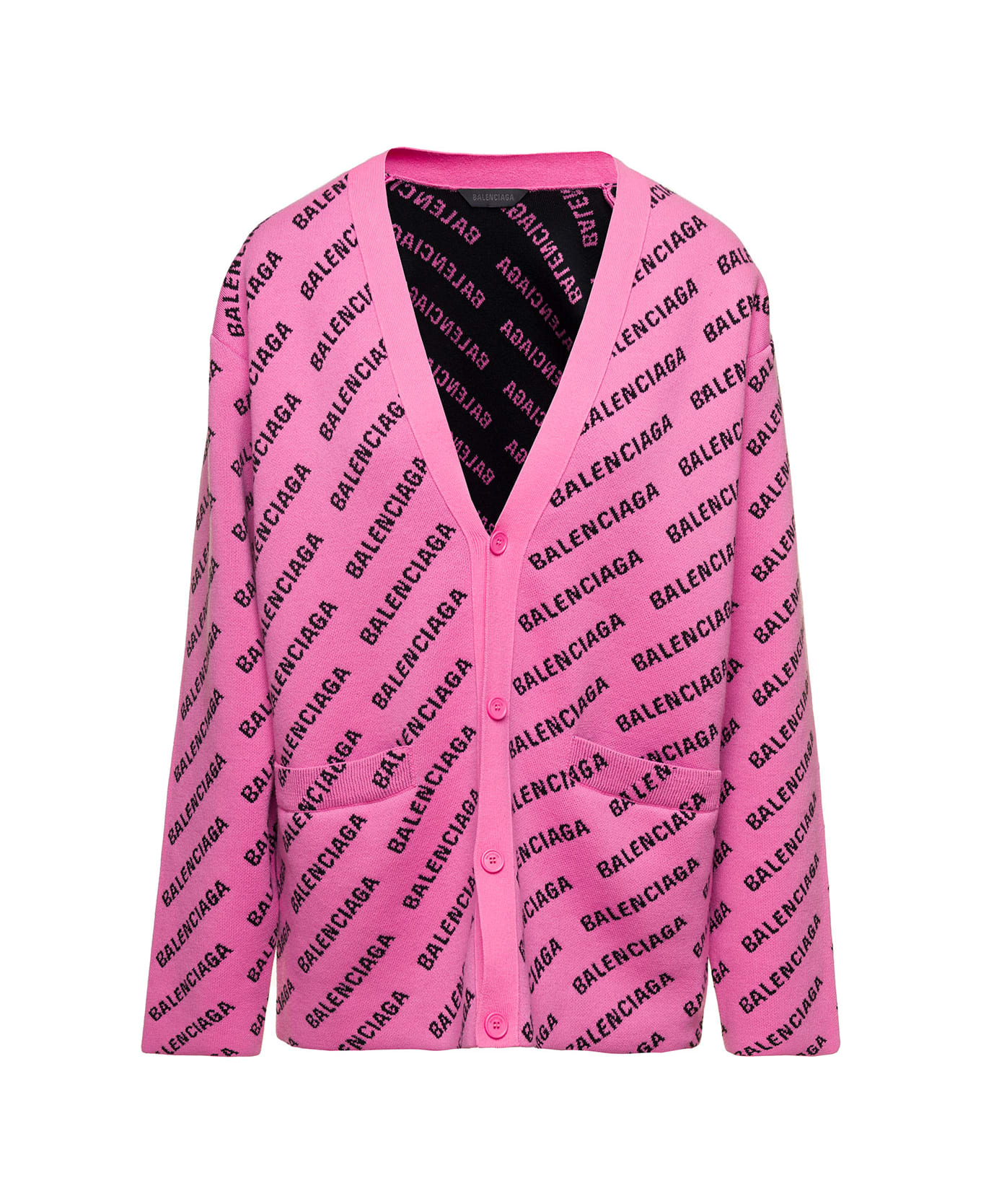 Balenciaga Pink Cardigan With 'all-over' Motif In Wool And Cotton Blend Woman - Pink