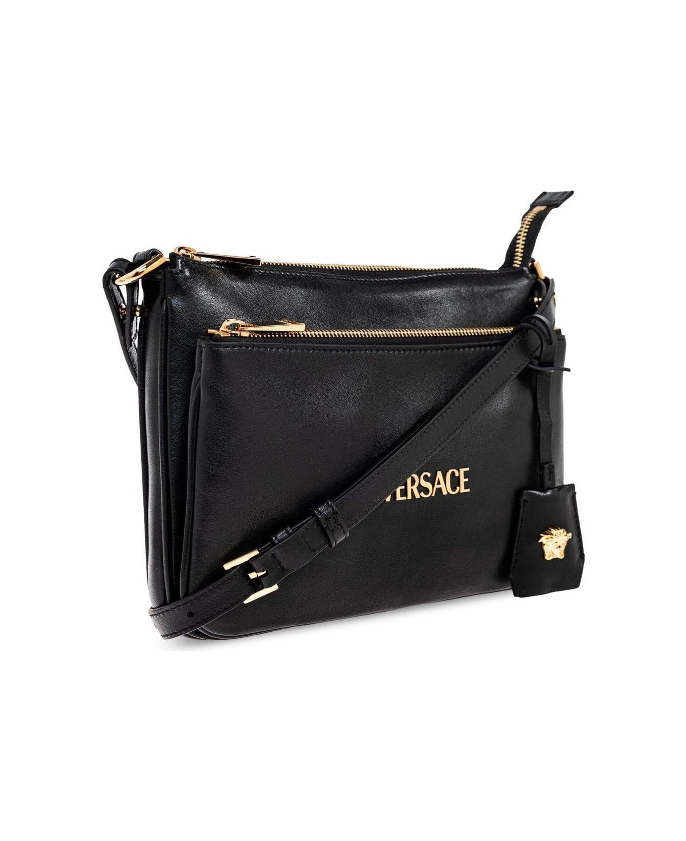 Versace Logo-lettering Zipped Shoulder Bag - BLACK