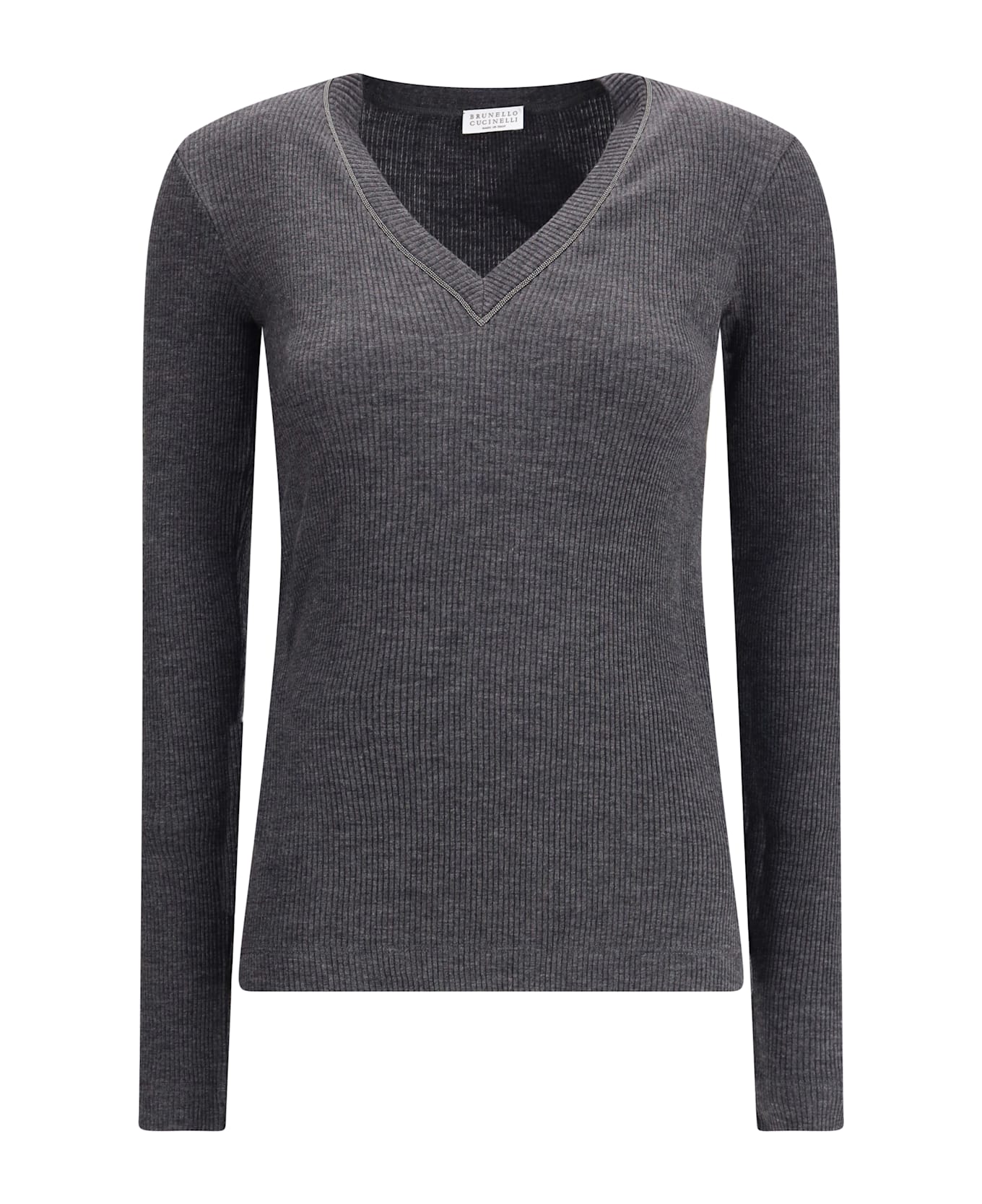 Brunello Cucinelli Long Sleeve Wool Ribbed Jersey T-shirt With Shiny Trim