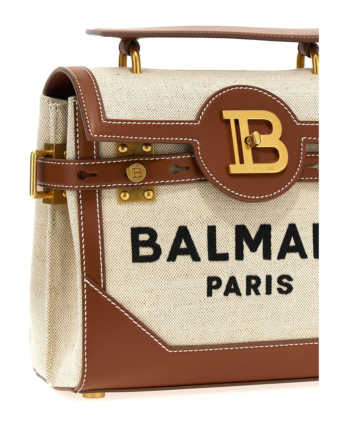 Balmain Beige B-buzz 23 Bag In Canvas And Leather - Brown