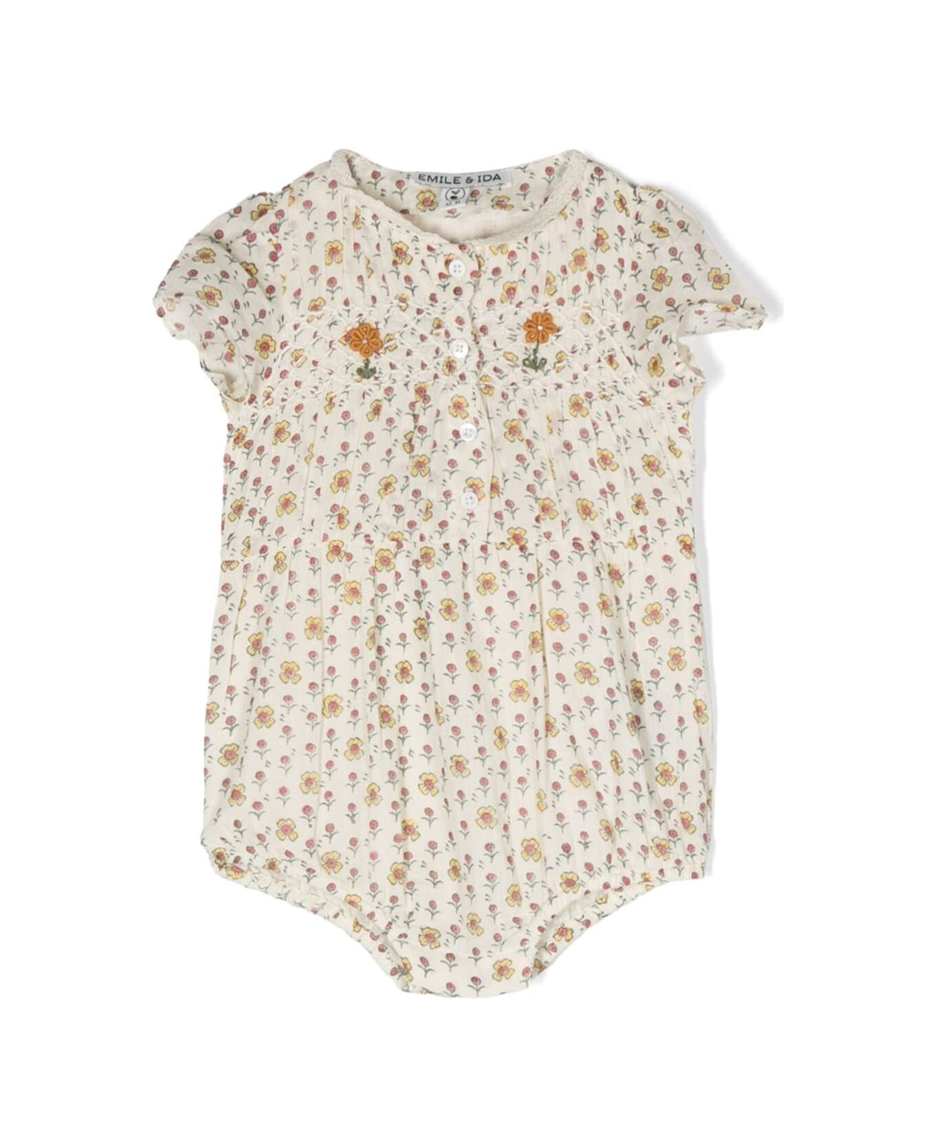 Emile Et Ida Multicolor Onesie With Floreal Print And Daisy Embroidery In Cotton Baby - Beige